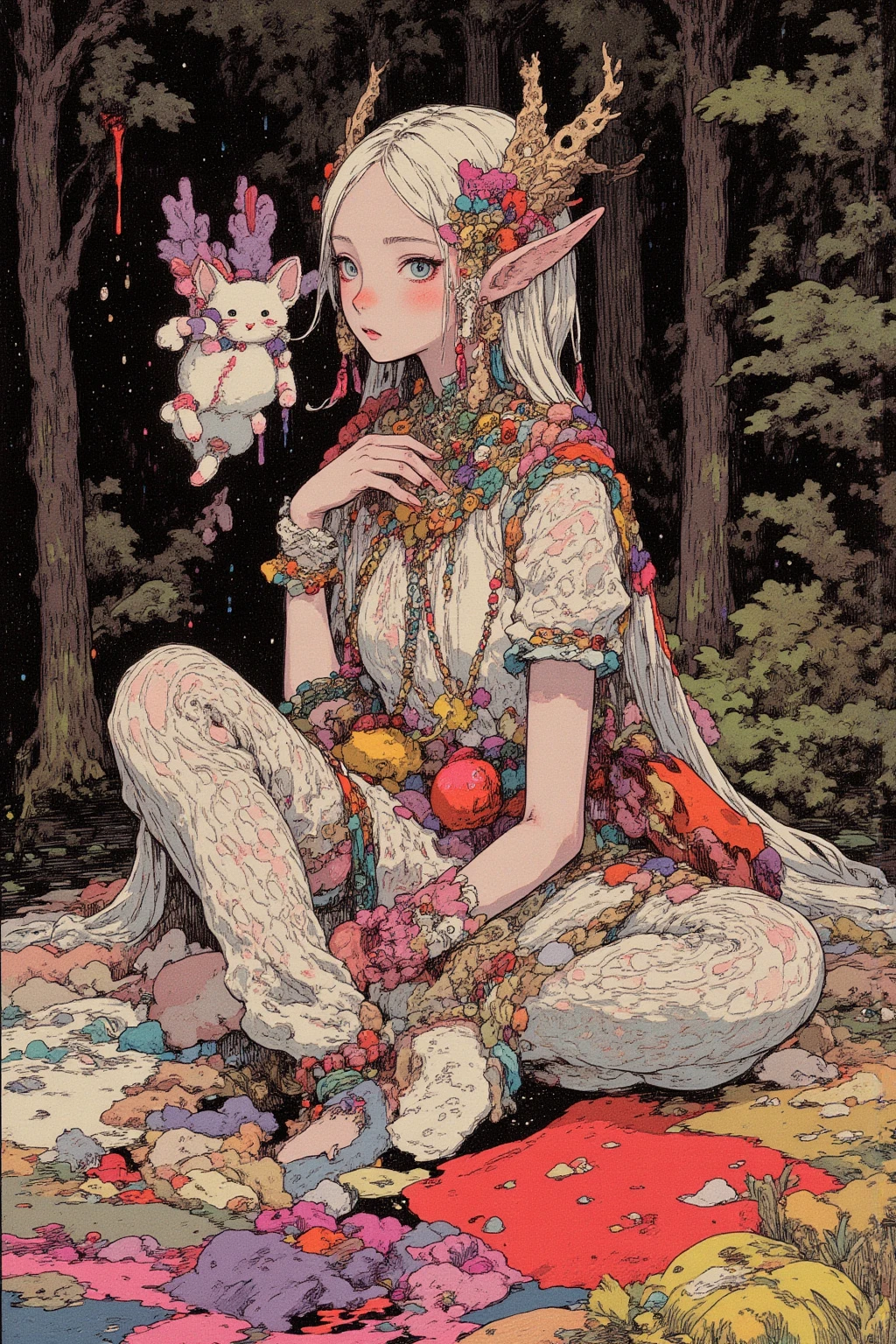  Elf Girls ,Long ears, slim figure,  Designs That Make You Feel Like Forests and Nature（ Leaf and Flower Motifs 、Light Fabrics ）Clothes for,  earrings with ear cuffs and chains ,corolla, intellectual and mysterious , (Cats and rabbits ） pendants and bracelets with motifs ,  decorative belts ,  asymmetrical costumes , arrange line drawings with vector layers to change the thickness to create a three-dimensional effect,Forest and lake background , Contemporary Artistic Collages  ,  collage art work,  New Album Jacket  ,  Great Job  !,  digital collage  , collage art ,   Contemporary Collage ,  mixed media collage  ,  surreal + high image quality, surreal style,convertible, pop psychedelic art  ,  Highly saturated work  ,  add a little fantastic effect with airbrushing ,