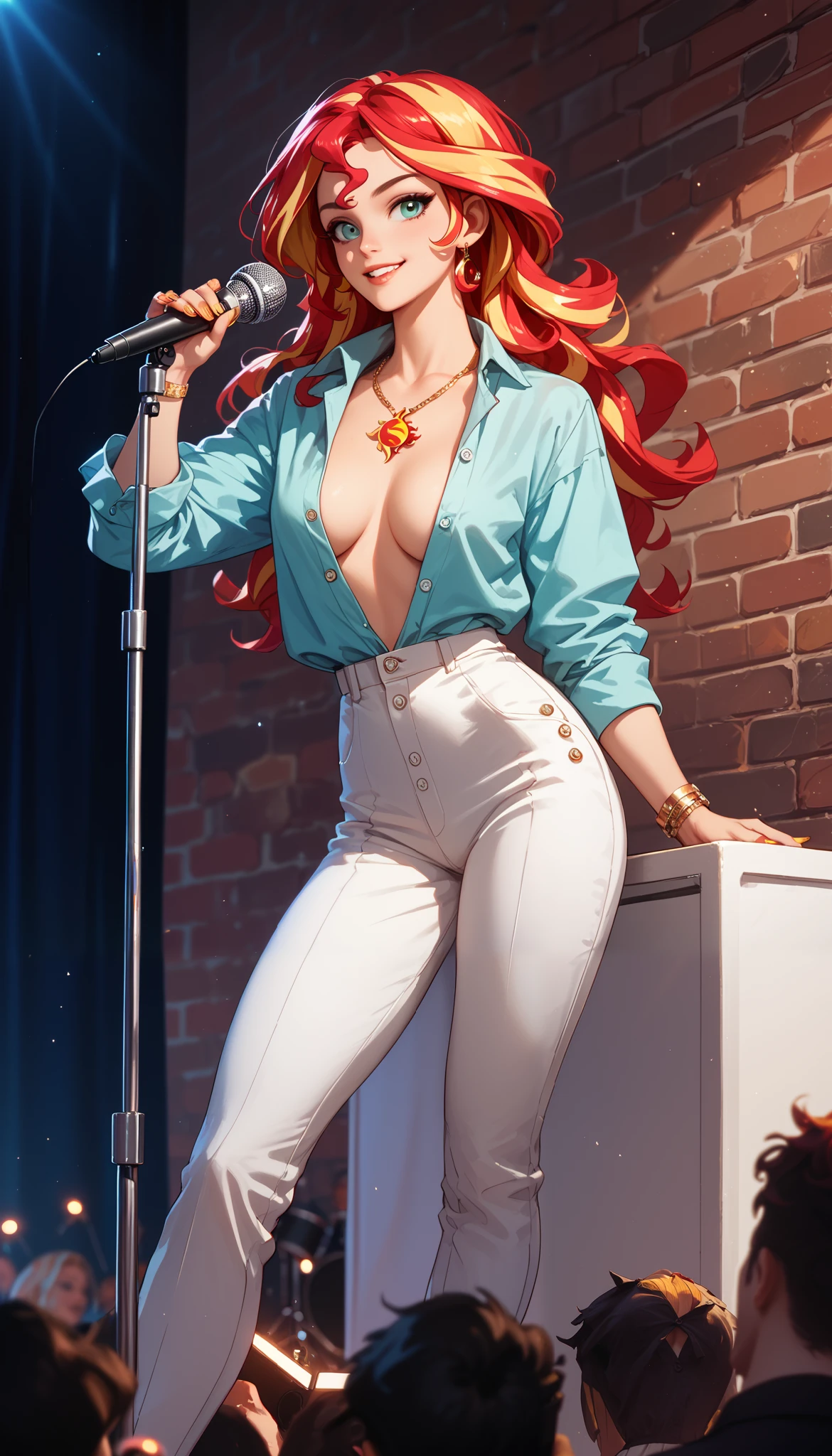 Sunset Shimmer, as a stand-up comedian, standing in front of a brick wall on a stage, absolute cleavage, microphone on stand, wearing dress pants and a button up shirt