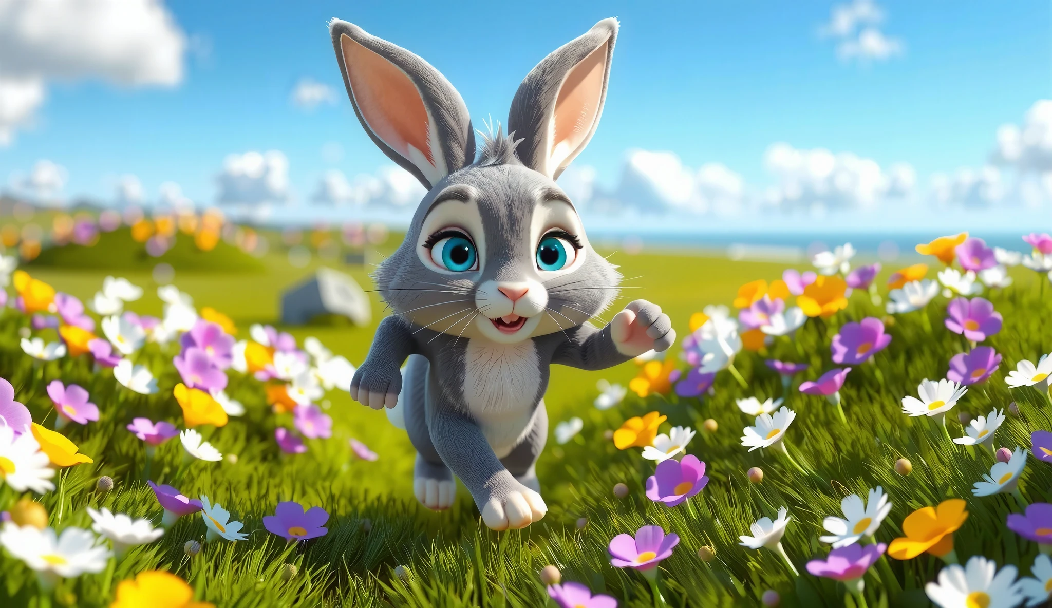 Rabbit Little Chicken Piece-Full View 3D,Chicken Piece, Rabbit Little Chicken Piece,Vivid 3D animation, sunny beach with a green grassy field full of colorful flowers, a soft gray rabbit with bright eyes and fluttering whiskers runs happily towards the camera, its fur ruffled by the gentle sea breeze.