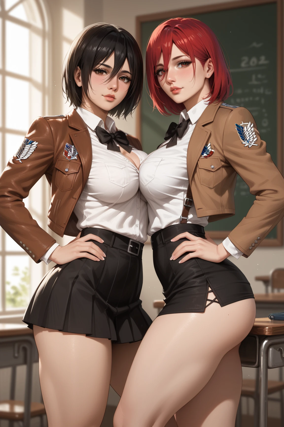 score_9, score_8_up, score_7_up, score_6_up, (by blade \(galaxist\):.6), (by null:.5), flat color, 2girls, yuri, attack on titan, mikasa, annie leonhart, annie and mikasa, depressed, bags under eyes, half-closed eyes, standing, pov, front view, girls kissing, pov, delinquent, flat shading, minimalism, blue eyes, medieval home, indoors, medieval interior, arms behind back, saliva, seductive expression, large breasts, kissing, girls kissing each other, kiss, ((kissing)), yuri, mikasa and annie embrace each other, mikasa and annie kissing each other, annie leonhart (short, blonde, wearing brown leather stocking, wearing brown leather jacket, shorts, small, petite), mikasa (tall, black hair, muscular, big), medieval clothes, medieval, saliva, tongue