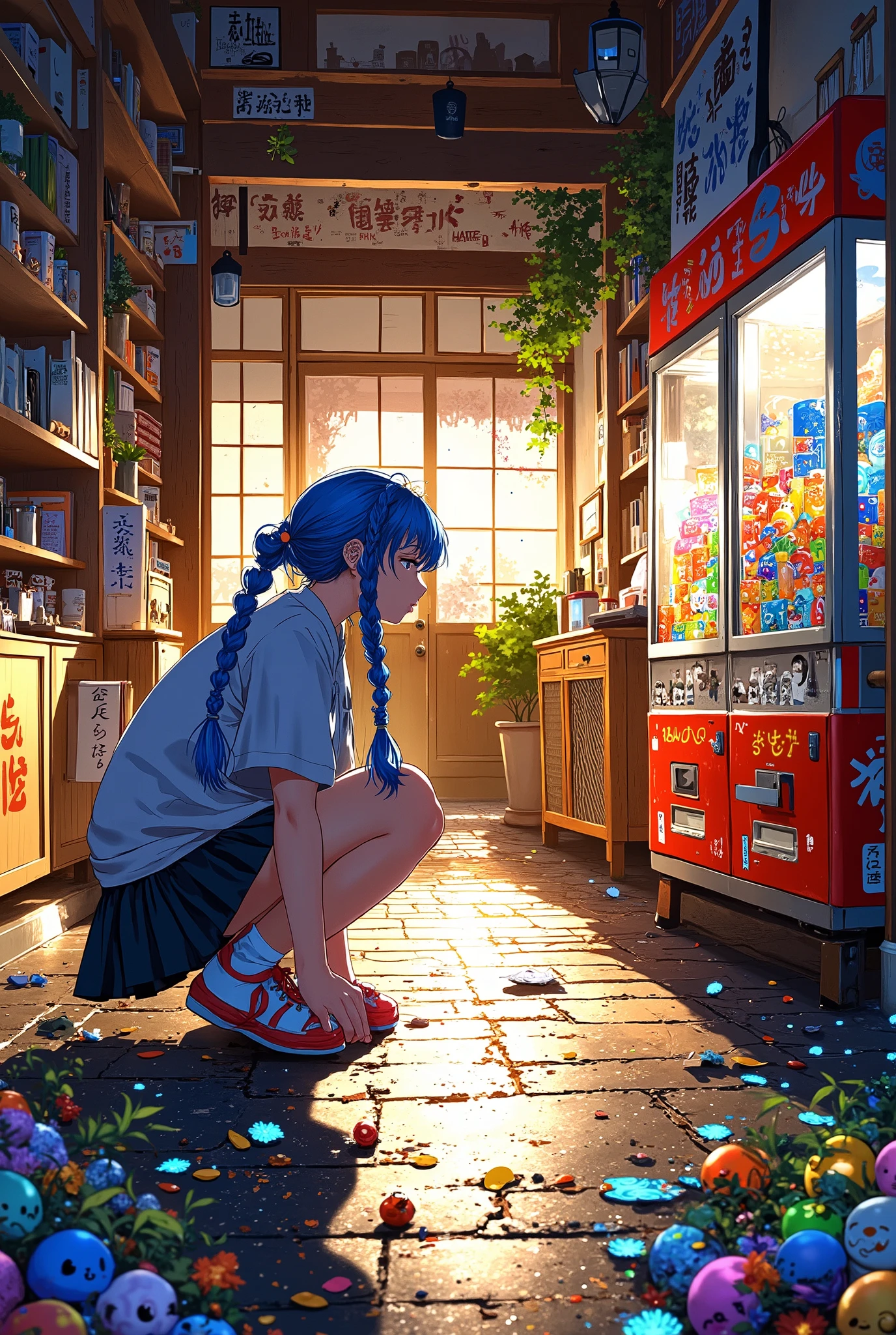 1girl, view from above, in a traditional Japanese candy shop in the village,Crouching in front of the gashapon,Gashapon action figures,Girl with long blue hair in pigtails Braid,High Resolution, Masterpiece, Accurate, Anatomically Correct, Award Winning, Best Quality, High Details, High Quality, Super Detailed, Textured Skin, Anime Style, Anime, Japanese Illustration Style,