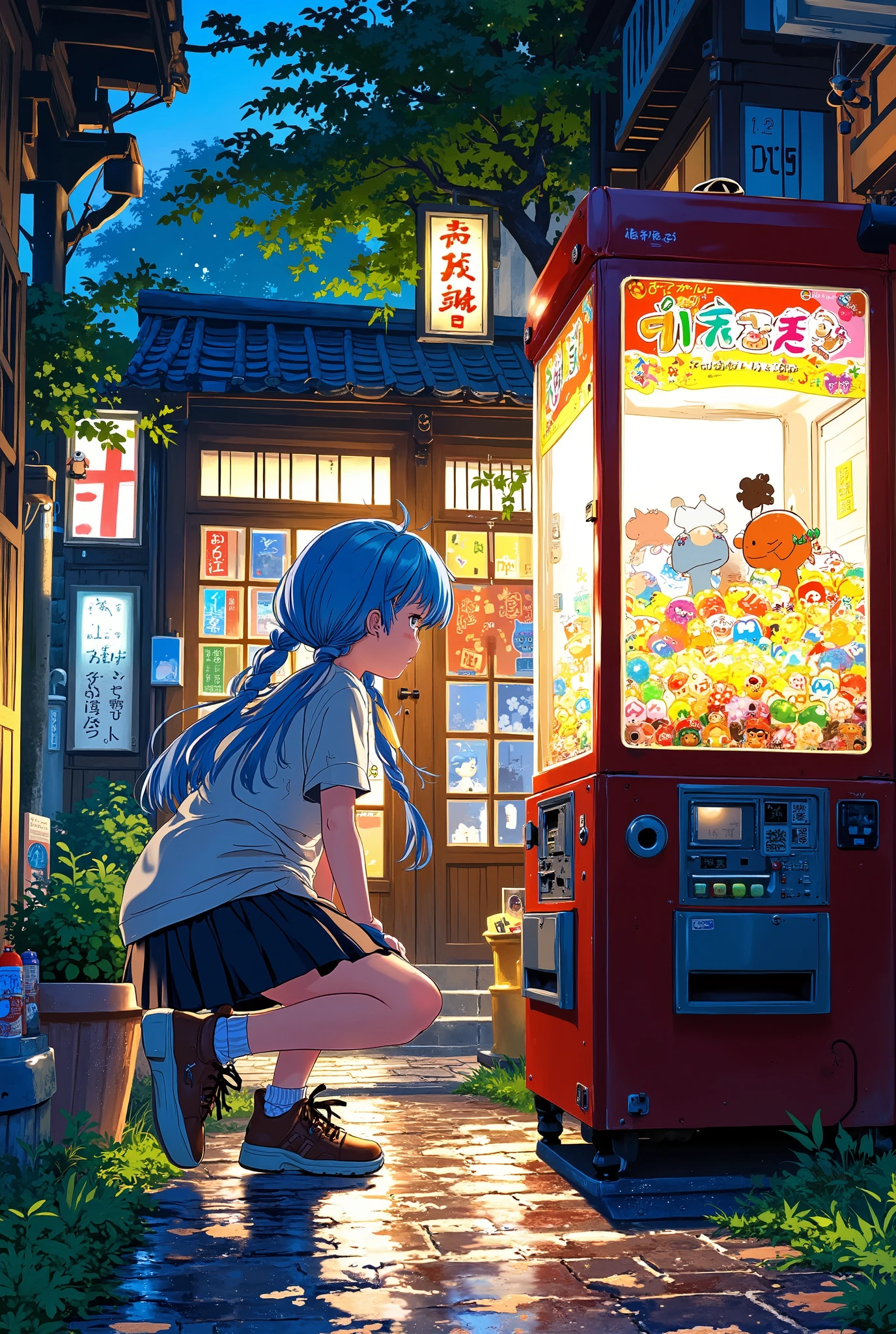 1girl, view from above, in a traditional Japanese candy shop in the village,Crouching in front of the gashapon,Gashapon action figures,Girl with long blue hair in pigtails Braid,High Resolution, Masterpiece, Accurate, Anatomically Correct, Award Winning, Best Quality, High Details, High Quality, Super Detailed, Textured Skin, Anime Style, Anime, Japanese Illustration Style, 