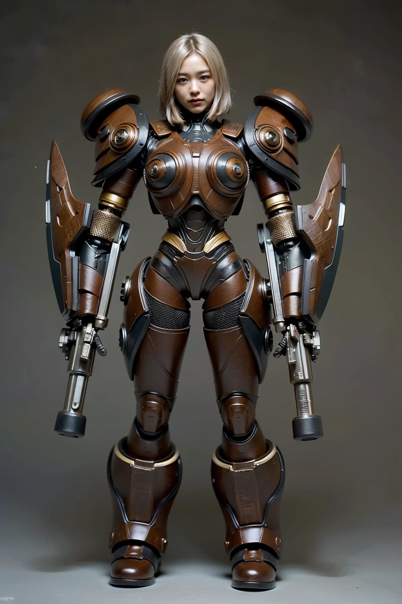 (Completely live action:1.37), (Amazingly realistic textures:1.37), (masterpiece, best quality:1.2), (8k uhd, 16k, 32k, ultra high res), amazingly realistic skin, amazingly realistic photo, superrealism, (photorealistic:1.37), (RAW photo), ultimately realistic, (ultimately realistic all details), (ultimately realistic all textures), super realistic lighting, super realistic shadow, (japanese girl:1.5), ((young face)), smiling, happy, super realistic face, ultimately realistic skin, ultimately realistic eyes, (amazing droopy eye makeup:1.35), ultimately realistic background, ultimately realistic detail up, kkw-ph1, ((amazing droopy eyes, cyberpunk-style cyborg girl, amazingly intricate details, Anatomically perfect hands, mechanical body, silver knight armor, ultra glossy texture, long canine tooth, red eyes))