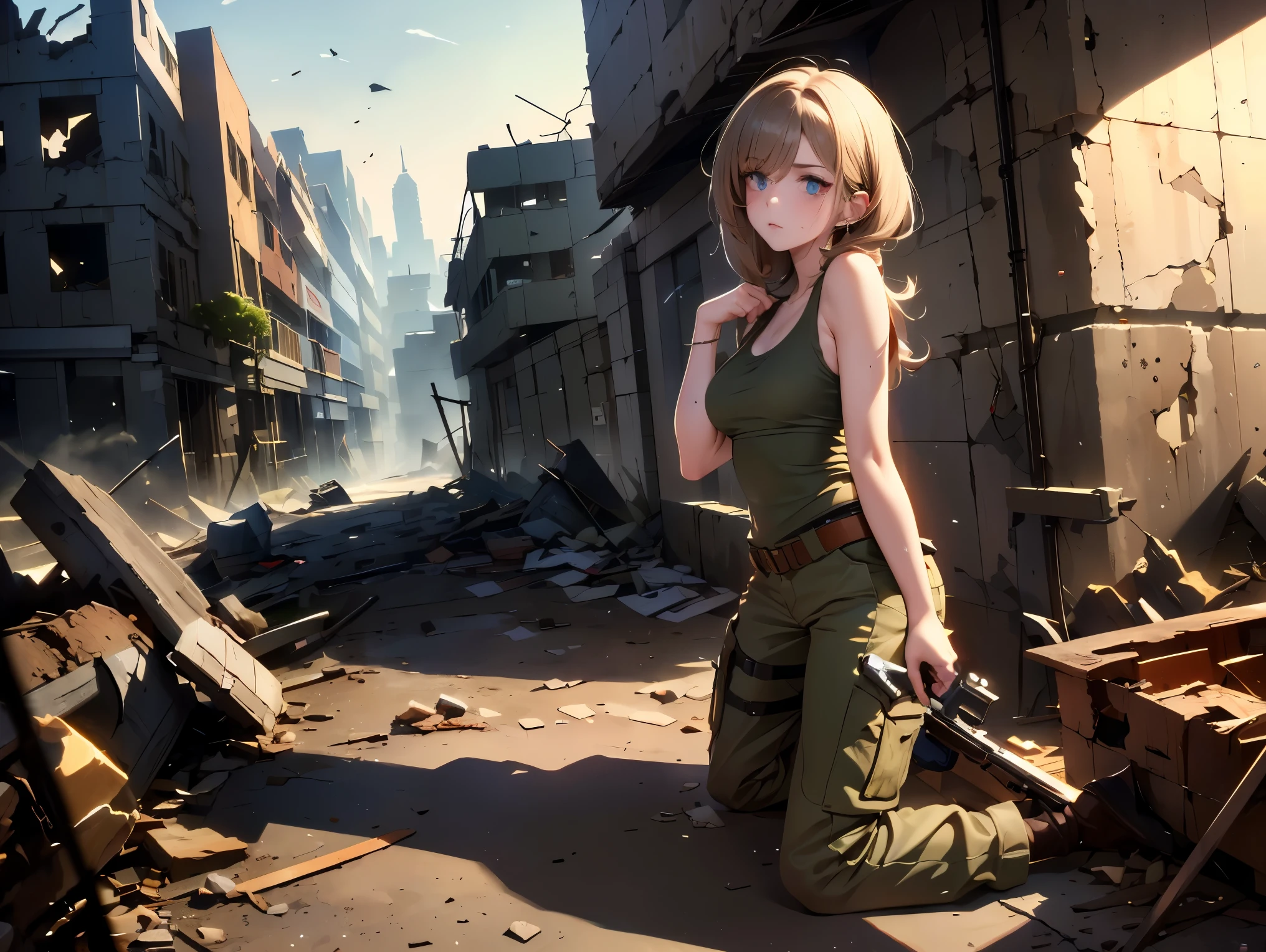 ((best quality)), ((masterpiece)), (detailed), perfect face, ((Best quality, 8k, Masterpiece: 1.3)),A battle-hardened female fighter hiding in a ruined building amidst an urban battlefield. She wears a white tank top and olive drab cargo pants, both stained with dust, sweat, and grime. Her sharp eyes scan the surroundings, searching for an escape route. She grips a machine gun tightly, ready for action. The atmosphere is tense, with smoke and debris filling the war-torn city. The background shows crumbling buildings, shattered windows, and scattered rubble. The lighting is dramatic, casting shadows over her determined face, emphasizing her grit and resilience