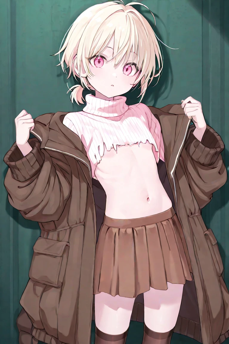 Light Blonde、Pale pink eyes、 Unkempt Short Hair 、 lower ponytail、Light Pink Ripped Sweater 、 Green Oversized Jacket、 brown skirt、 brown knee-high、 zitoida、 High Quality 、 tattered、Hurt、My clothes are full of holes、despair、 has exposed skin