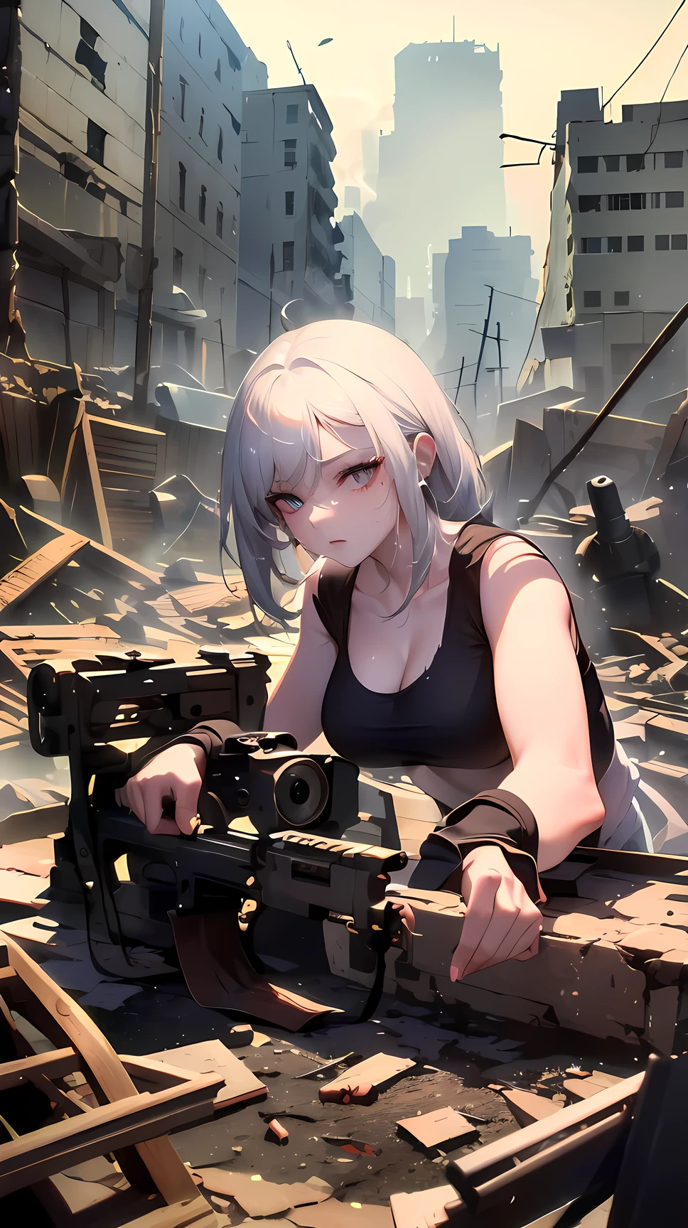 ((best quality)), ((masterpiece)), (detailed), perfect face, ((Best quality, 8k, Masterpiece: 1.3)),A battle-hardened female fighter hiding in a ruined building amidst an urban battlefield. She wears a white tank top and olive drab cargo pants, both stained with dust, sweat, and grime. Her sharp eyes scan the surroundings, searching for an escape route. She grips a machine gun tightly, ready for action. The atmosphere is tense, with smoke and debris filling the war-torn city. The background shows crumbling buildings, shattered windows, and scattered rubble. The lighting is dramatic, casting shadows over her determined face, emphasizing her grit and resilience, ((white tank top))