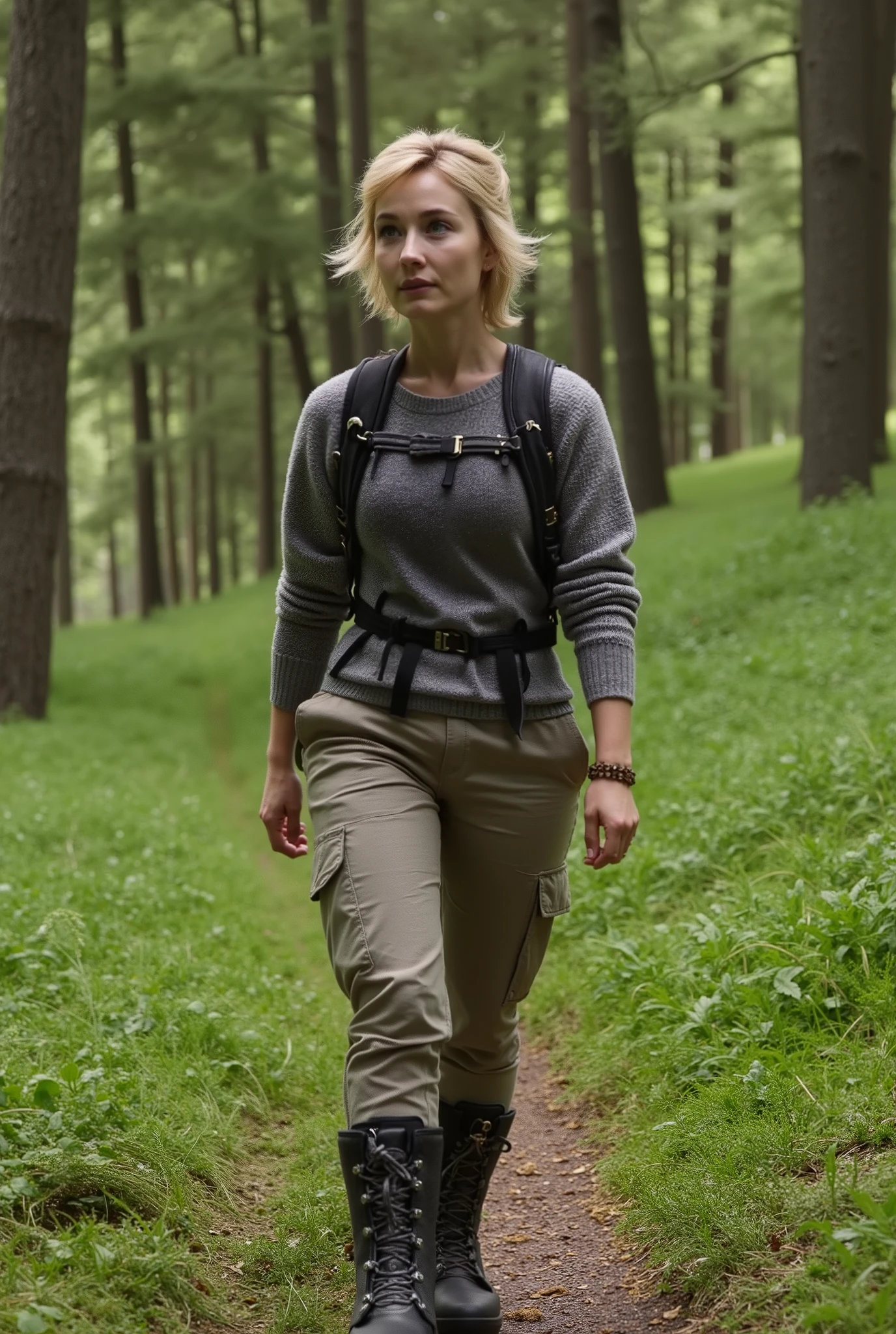 High definition professional photography style, natural skin texture. This is a high-resolution photograph of a European woman walking through a lush forest. She has a porcelain complexion, short, wavy blond hair, and clear, blue eyes. She wears a practical yet stylish outfit—a hiking boots, cargo pants, and a cozy sweater. The forest is magical and enchanting, filled with towering trees, vibrant wildflowers, and the sound of birdsong. The light is natural and dappled, filtering through the leaves and casting a mystical glow on her skin. The overall mood of the image is adventurous and whimsical, capturing her sense of wonder and exploration.