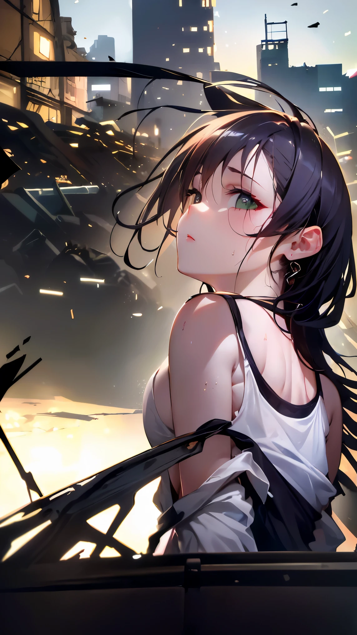 ((best quality)), ((masterpiece)), (detailed), perfect face, ((Best quality, 8k, Masterpiece: 1.3)),A battle-hardened female fighter hiding in a ruined building amidst an urban battlefield. She wears a white tank top and olive drab cargo pants, both stained with dust, sweat, and grime. Her sharp eyes scan the surroundings, searching for an escape route. She grips a machine gun tightly, ready for action. The atmosphere is tense, with smoke and debris filling the war-torn city. The background shows crumbling buildings, shattered windows, and scattered rubble. The lighting is dramatic, casting shadows over her determined face, emphasizing her grit and resilience, ((white tank top))