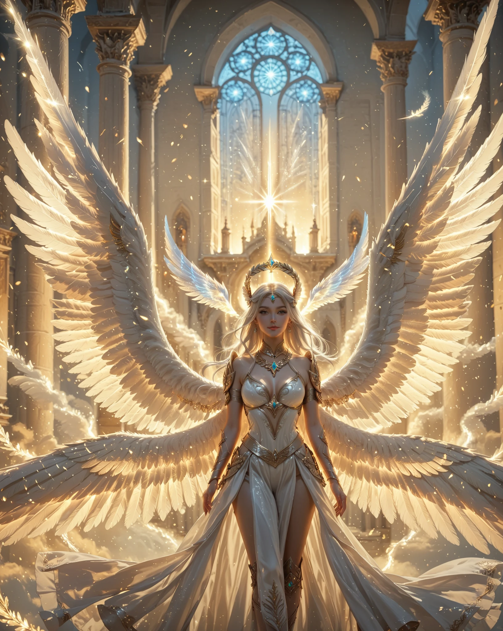 In this masterpiece, a stunning (sexy celestial warrior) stands in the center of the frame, radiating an aura of mystique and beauty. The ultra-detailed 4K image presents her in front of the great (gates of heaven) amidst (pearlescent white clouds), surrounded by a magnificent starry sky. Volumetric lighting casts a warm glow on her porcelain skin, accentuating the intricate details of her (sexy angelic armor). Her straight blonde hair is gorgeous, framing her charming smile and captivating cleavage. The mesmerizing atmosphere is punctuated by (red thunderstorms and lightning) in the surreal sky, as if the heavens themselves are summoning her presence. The composition masterfully balances depth and complexity, drawing the viewer's eye to the perfect body, with its impeccable ??????? and tantalizing pose. (Charming smile), (Beautiful big breasts), (Blue halo above the head), (Sexy silver armor), She has (2 big wings:1.5) on her upper back. (2 big white wings:1.3). (2 big symmetrical wings:1.3). (Photorealistic), (Light theme). (Russian girl). (Beautiful navel). (Big sword of light)