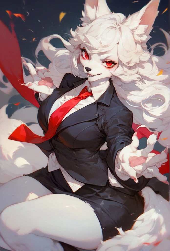 Furry wolf girl with white hair, black ears, white skin, red eyes, red tie, black suit and black skirt