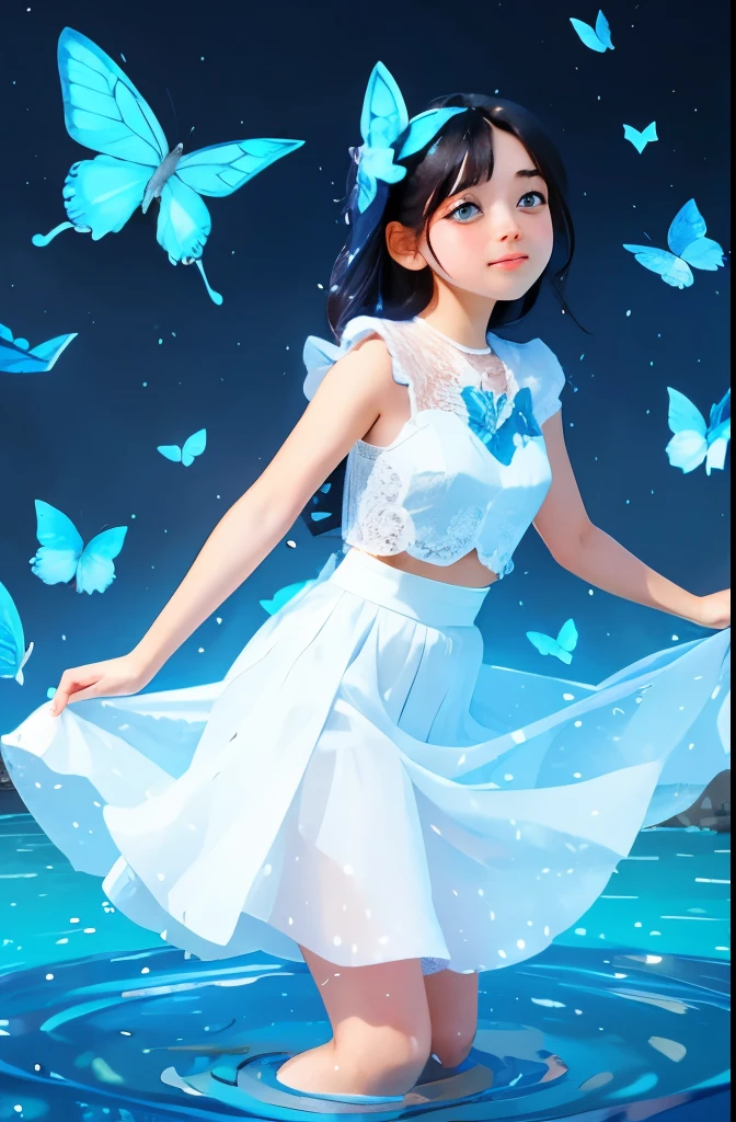 1 girl, transparent water, blue butterfly, Pure white chiffon skirt, sparkling