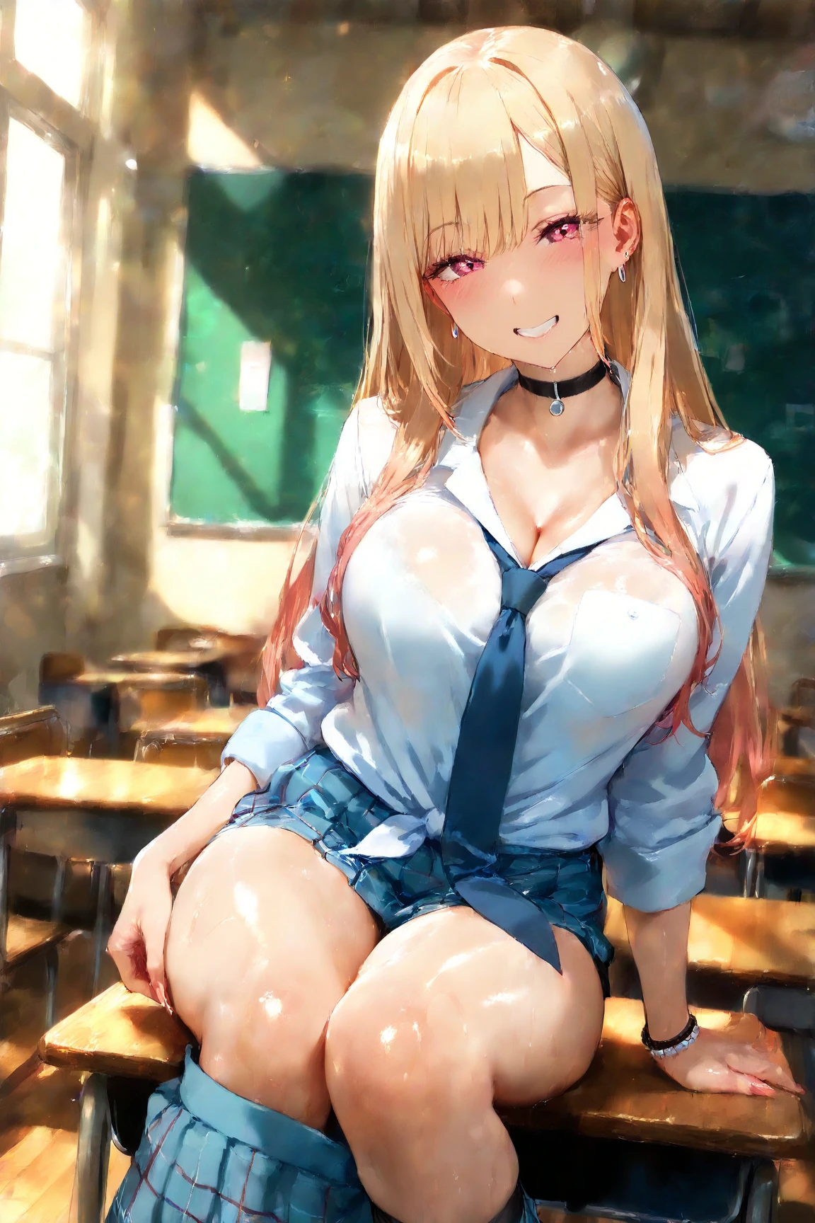 NSFW、 ((High resolution)), ((highest quality)), (Browsing Caution:1.4)、Slender、Big Breasts、((Sweatでテカテカした肌)), (school uniform:1.2、loose socks)、White shirt、Black Skirt、Blonde Hair, (Half Twin Tail)、(((Love juice)))、((pussy))、classroom、model、Black gal、((Sunburn))、((Dark Skin))、(((Sweat)))、((Soaking wet))、(((Squirting)))、No bra、No underwear、(((Body odor)))、(Hairy)、Spread your legs、Angle from below