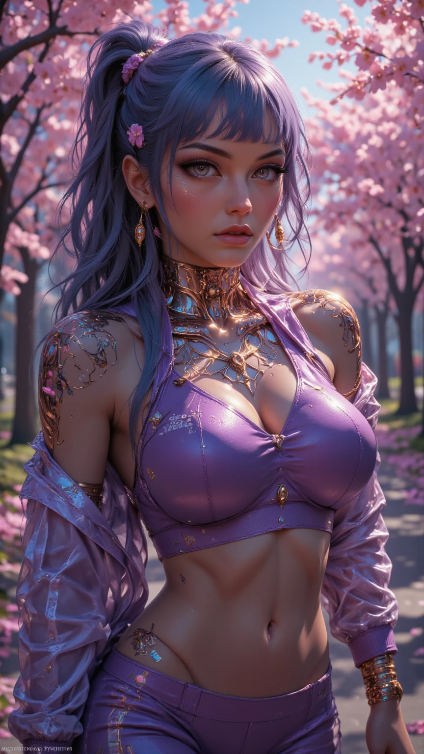 (masterpiece, top quality, best quality, official art, beautiful and aesthetic:1.2), (1girl),upper body,
cleavage, side boob, exposed shoulders, bare stomach.
sexy, seductive, teasing the viewer.
extreme detailed,(fractal art:1.3),purple, lilac, turquoise, black and gold, colorful,highest detailed