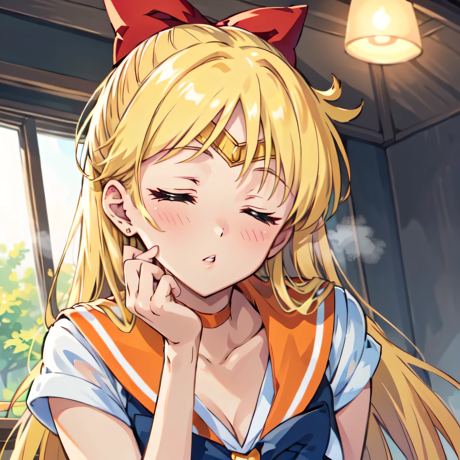 Masterpiece, top quality, Ultra Detailed, 8K, Anime, from slightly below, only face focus, (Aino Minako), (Sailor Venus), 1girl, sleeping:1.3, closed eyes, blush, embarrassed, pouting plump lips:1.4, light head steam, leaning forward, incoming kiss:1.4, offering kiss to viewer:1.4, floating punctuation marks sleeping