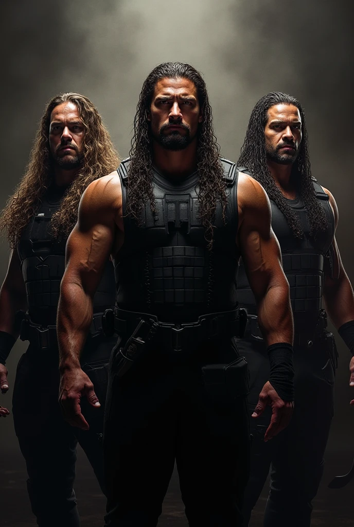 Image: Seth Rollins, Roman Reigns, and Dean Ambrose putting their fists together

Descriptive keywords: Power and friendship

Photographic style: Anime

Tone: Epic

Object: Lightning and fire

Action: The lightning strikes and the fire burns around the trio as they unite, symbolizing their collective strength and unbreakable bond that ignites a powerful force within them.