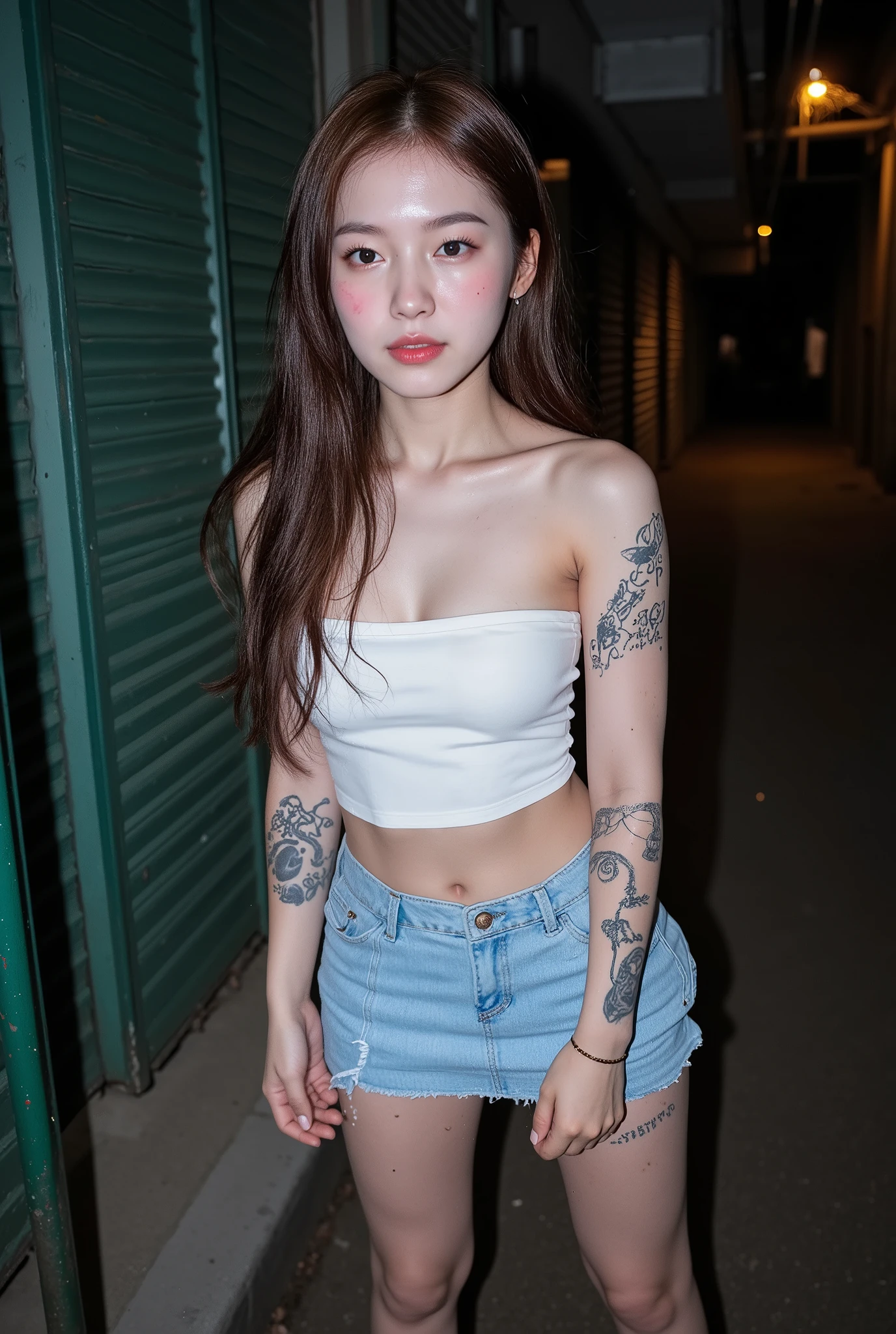 NSFW, xlr_skin,
Film camera depiction,
Taken with a high-dispersion high-end lens,
Wide-angle lens,
Full-body shot,
at night,
A beautiful Korean girl is attracting customers at in the slums,
Her face has large burn scars,
((The burn scars have become ugly keloid scars)),
She was a member of a Korean idol group but retired due to her burns,
Before she ended up in this slum, she was used by bad people and had scars all over her body,
She has many tattoos,
One of them is a picture of poop,
Another has the words "Sluty Arin" carved into it,
In the slums, she became very dirty,
She has lots of bumps and pimples on her skin,
She wears tube top and short skirt that look like rags,
She smells like filth,
She is high on drugs,
She does not refuse any sexual acts,
She will even have sex with a dog,
hovels and two- or three-storey rundown apartments built close together,
very narrow alleys where it's difficult for people to pass each other,
used condom,
she is second hands,