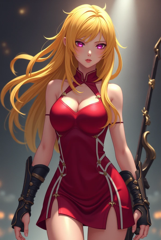 Top quality, best picture quality, masterpiece, detailed, high quality, visual art, 4K, 1 girl, solo, ((Oshino Shinobu, Kiss Shot Acerola Orion Heart Under Blade 2.0)), long hair, very long hair, beautiful blond hair, dress (black, red), long dress, big breasts, cleavage , collarbones, gloves, elbow gloves, golden eyes, cool, cold expression,