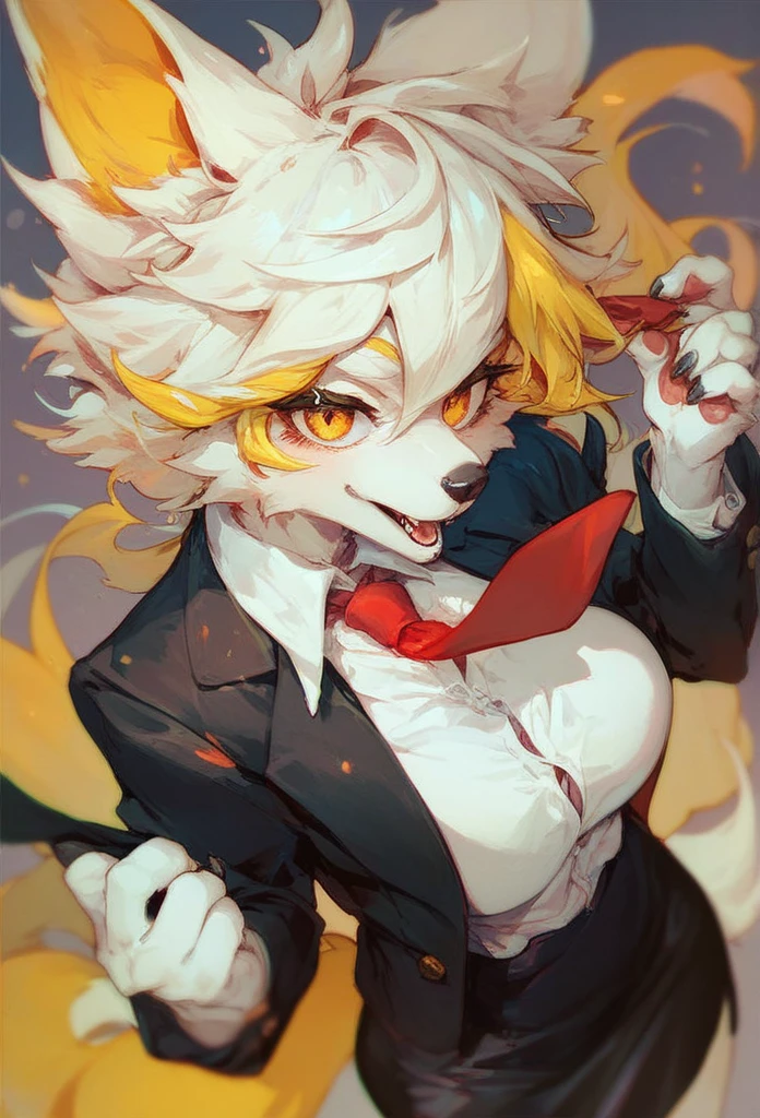 Furry wolf girl with yellow hair, yellow ears,  white skin,  golden eyes,  red tie , black suit and black skirt 
