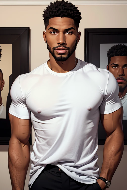 Black with African features, muscular, open white shirt and white pants, short hair