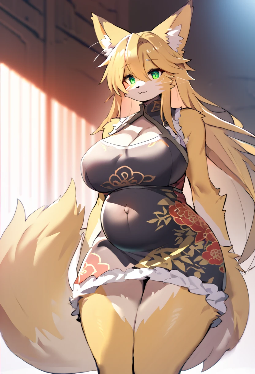 (masterpiece),(best quality),(ultra detailed),(illustration),(an extremely delicate and beautiful),(anime colored),woman is fox girl,monster girl,(giganticboobs:1.3),curvy,(shiny hair),very long hair,(flipped hair),sidelocks,(crossed bangs),(blonde hair),fox eyes,(((((((nine fox tails))))))),(((Japanese circlet))),(red eyes),(shiny skin),(((japanese kikono))),cleavage cutout,off shoulder,thigh,legs
