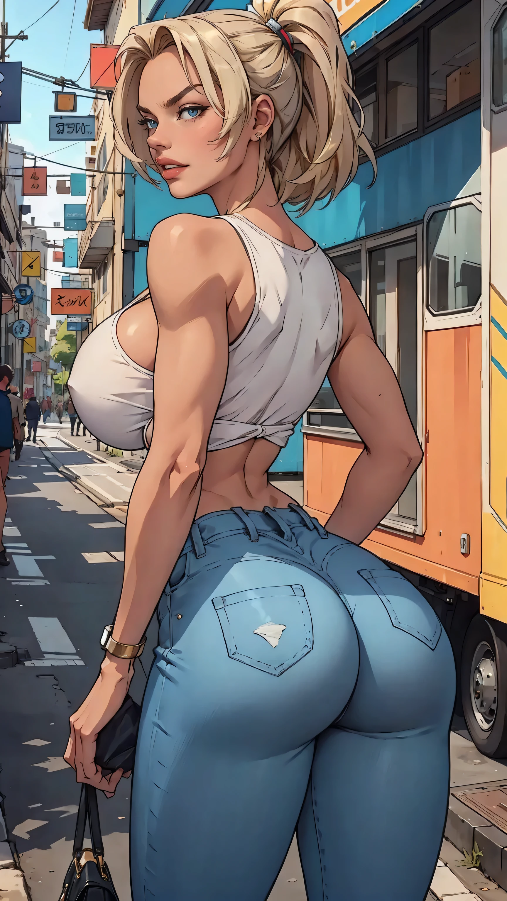 Best quality, mature woman, giant ass, thick muscular thighs, wide hips, very curvy, tanned skin, styled high ponytail, pear green eyes, full lips, seductive, blushing, shocked look, thigh high, jean shorts, ribbon in hair, thick thighs, curvy physique, normal guy, they're hugging, guy grabbing squeezing groping her ass, fondling ass