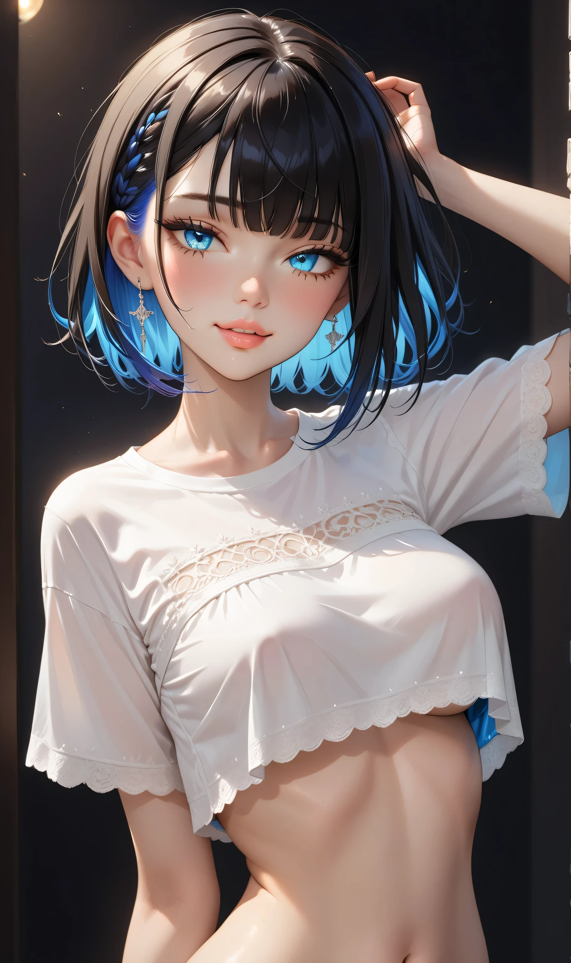 ((Random porn pose)), ((masterpiece)), ((Ultra detailing)), (very aesthetic, best quality, ultra detailed), intricate details, 1girl, Black hair, short hair, emo hair, (Random hairstyle), Blue inner hair ,,((Detailed eyes)), ((Beautiful eyes)), ((prefect eyes)), ((Beautiful lips)), (Glowing lips) sharp jawline, long hair, Medium breasts , smile, Blush, medium breast, (Night dress, crop top overhang)