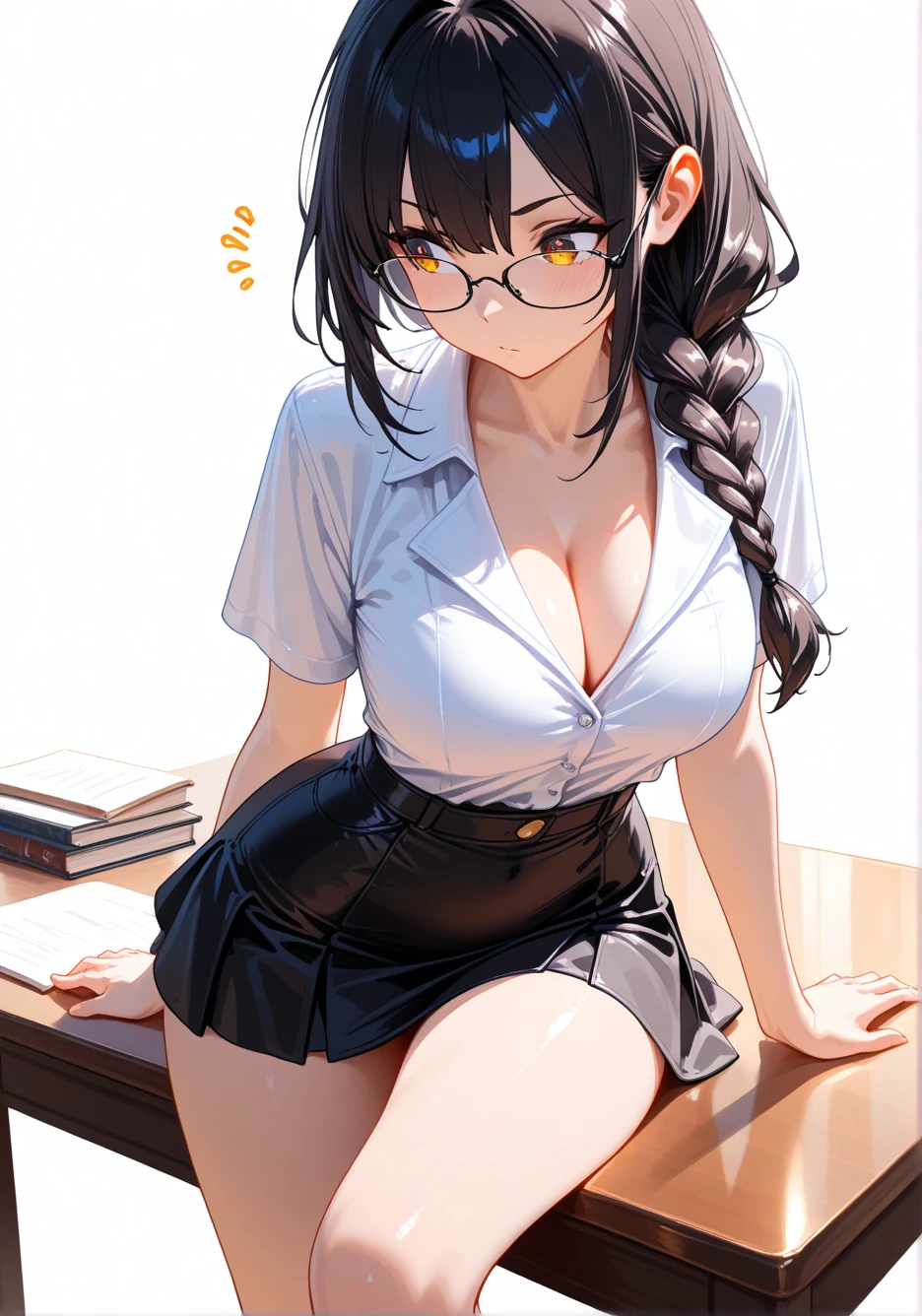 Solo, 1Woman, Teacher, Long Fluffy Brunette Hair, Rounded Glasses, Hazel Eyes, Beautiful Face, Average Breasts, Narrow Waist, Big Wide Hips, Large Round Ass, Thick Plushy Thighs, White Button Up Shirt, Small Cleavage Window, Tight Black Pencil Skirt, Thigh High Stockings, High Heels, Voluptuous Figure, Flirty Grin, Gentle Blush, ((From Above)), Holding Pad and Pen, School Classroom Location