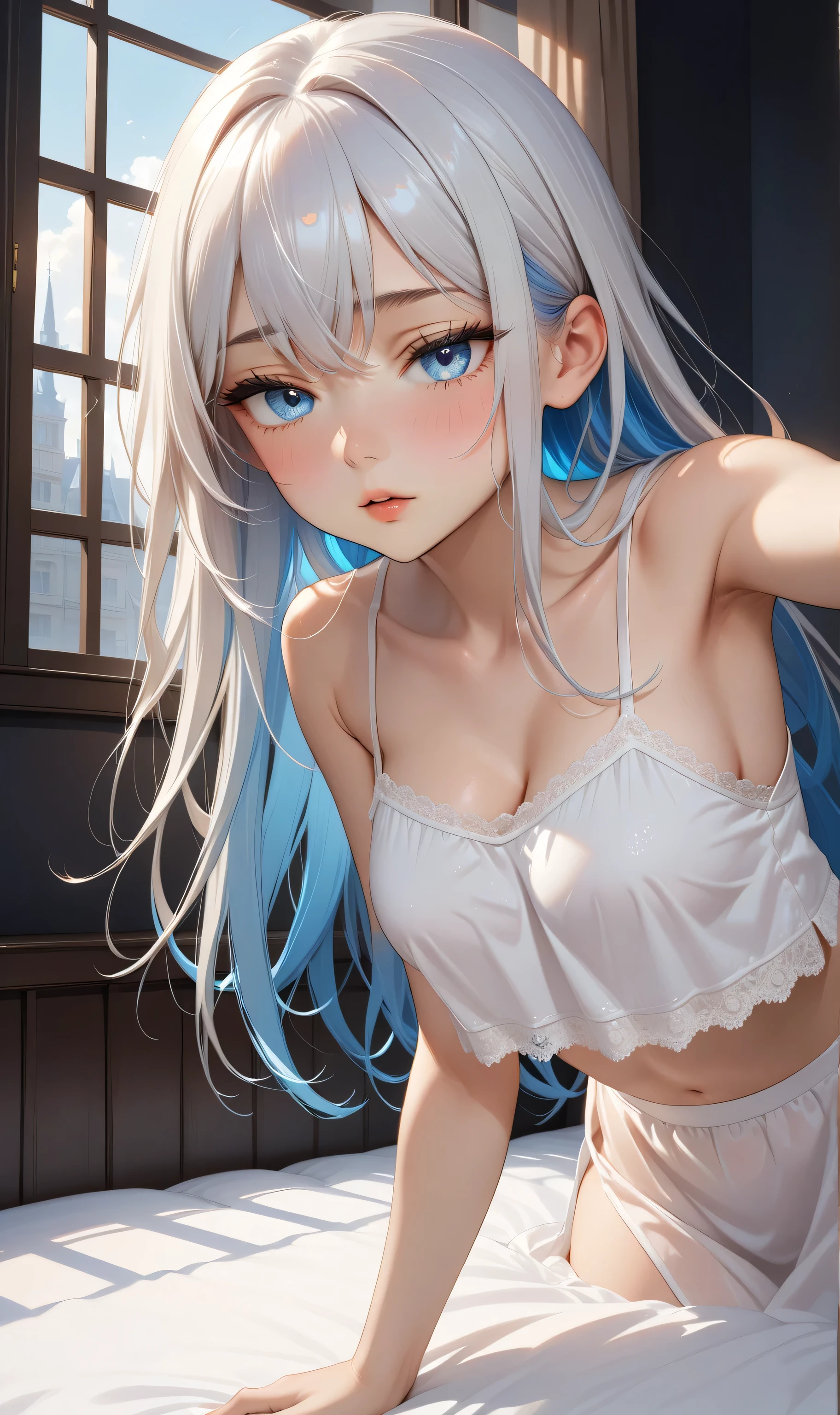 （（（ＳＦＷ、sound、Highest quality、first-clasasterpiece、Normal body、8K、Detailed face、Ultra-precision、Normal hand、Normal finger、５Finger、Highest）））、beautiful girl、Silver Hair、Small breasts、Shortcuts、White ultra-high-leg retard、Super risqué leotard、Ultra-thin leotard、Sheer leotard、Super bite、No sleeve、first round、On all fours、Trance、Embarrassing、Embarrassed、blush、pleasure、masochist、Nipple erection、slave、master～♥️、メロ♥️