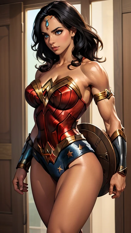 (high resolution,overwhelmingly pixel-perfect,luxurious illustration), (Ultra Quality, Masterpiece, Ethereal:1.4), (Realism:1.2), (Realisitc:1.2), (Absurdres:1.4), 8K, Ultra-Detailed, Detailed Beautiful Mature Face,(Solo:1.4), 1Girl, (Facing Viewer:1.2), intricate body details, (Milf: 1.4), (Curvy:1.3), Wonder Woman, (intricate details, makeup), (delicate and beautiful delicate face, delicate and beautiful delicate eyes, face with perfect proportions), (shiny skin: 1.0), delicate skin, strong and realistic blue eyes, realistic black hair, lips, makeup, natural skin texture, tiara, jewelry, stars \(symbol\), leotard, silver bracelets, red boots, golden belt, (public clothing: 1.5), bare shoulders, slightly sunburned, Mature, sexy, elastic muscles, (muscles: 1.2), ((strong and healthy body)), (((more) muscles))), long legs, curves, (big breasts: 1.3), cleavage, thin waist, soft waist, (delicate skin), (beautiful and sexy women), (swollen lips: 0.9), (eyelashes: 1.2), very delicate muscles, perfect body, perfect anatomy, wonder woman for a picture, a character portrait inspired by Mark Brooks,