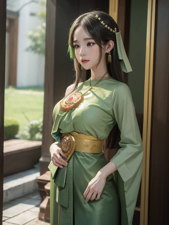 (8k, RAW photo, best quality, masterpiece:1.2), (realistic, photo-realistic:1.4), (extremely detailed 8k wallpaper),sharp focus, professional lighting, depth of field, cinematic lighting,blur background, bokeh,BREAK Create a realistic depiction of a fantasy warrior princess with a stylized appearance, balancing a cute yet strong presence. She has long, wavy green hair tied up in a high ponytail with a decorative hairpiece. Her outfit is a mix of vibrant pinks and purples, featuring a short, fitted dress with ornate golden designs. She wears a decorative sash around her waist, and her boots are red with gold accents, matching the style of her outfit. In one hand, she holds a slender, elegantly curved sword with a detailed hilt. The overall look should maintain the character's chibi-like proportions, but with realistic textures and materials, blending traditional fantasy elements with a playful, modern twist.