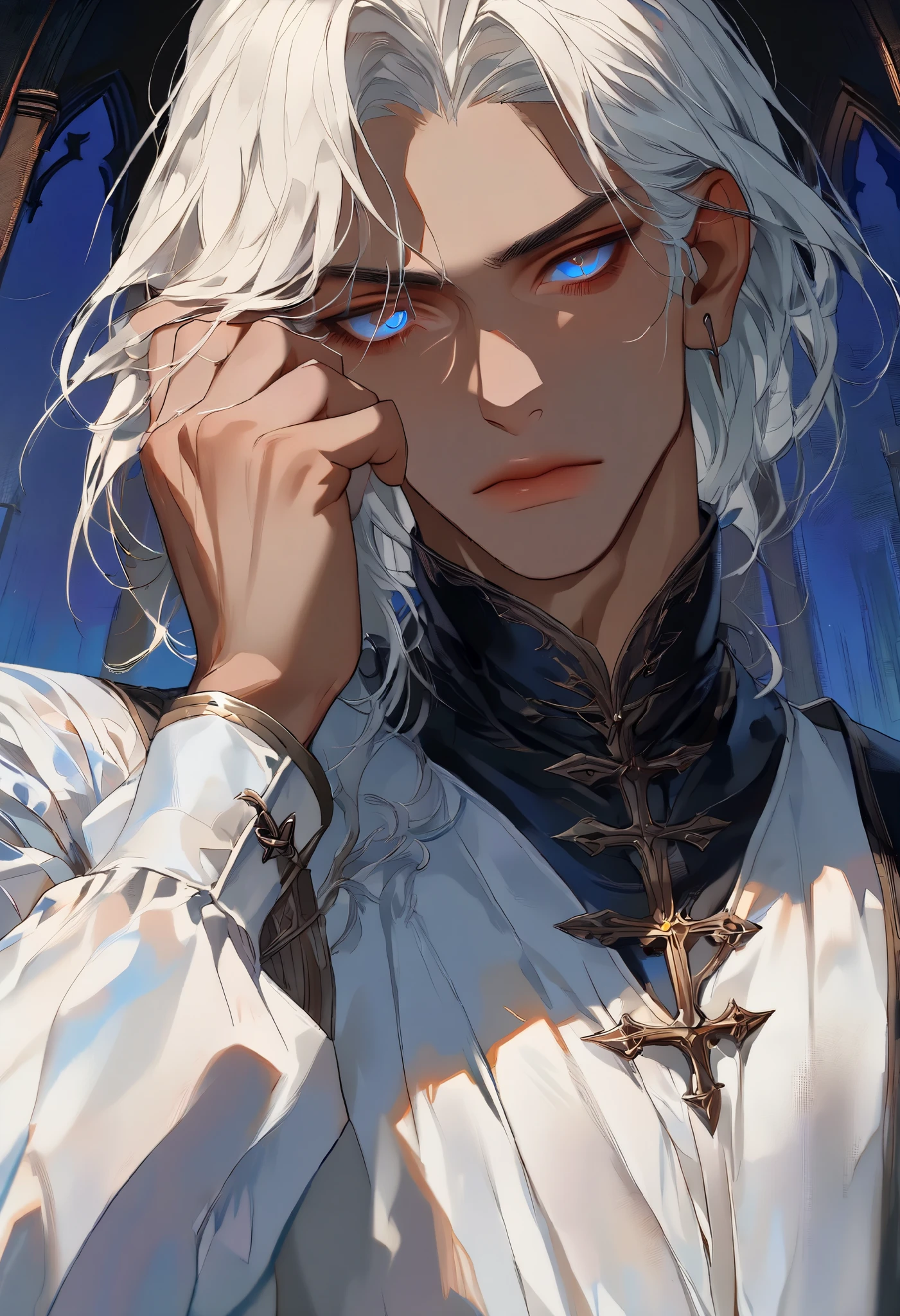 Handsome nerdy male, Man in medieval europe cloth, medieval europe style, white hair, dark brown skin color, Strong shoulder width, A man in his 30s with shy expression, detailed background, (masterpiece:1.21),(bestquality:1.21), 8k, high detailed,ultra-detailed,anime semi-realism, image with a third-person view, highly detailed illustration, face through torso, solo, physically-based rendering,depth of field,(low saturation:1.3),(1boy;1.4:1.1),a male,silm,Real Skin Texture,White Marble Glowing Skin,model(random_color_clothing:1.45),(random stylish pose action:1.1), (random view shot)