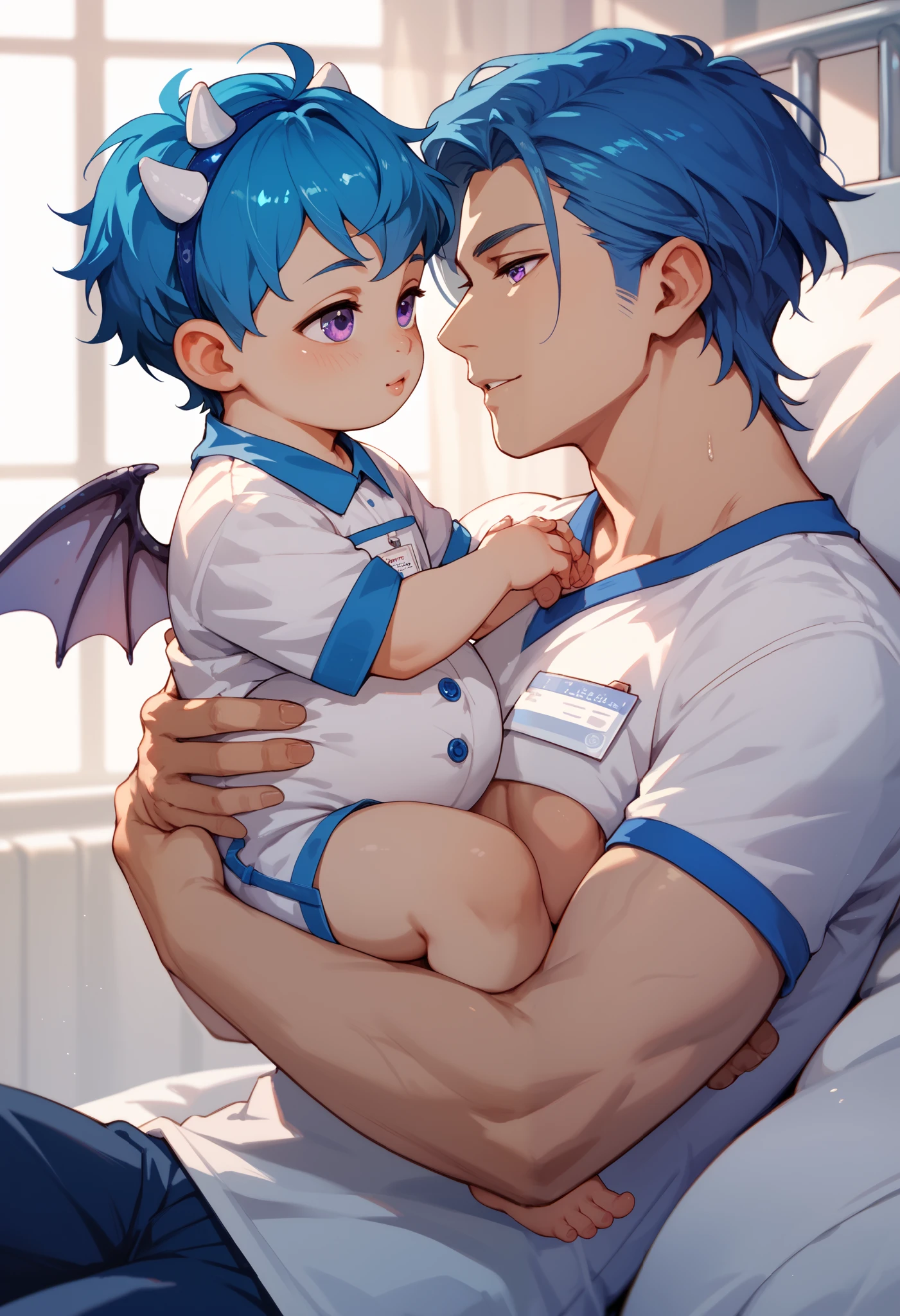 A male with blue hair, purple eyes, wearing hospital clothes carrying a (he is laying in a bed