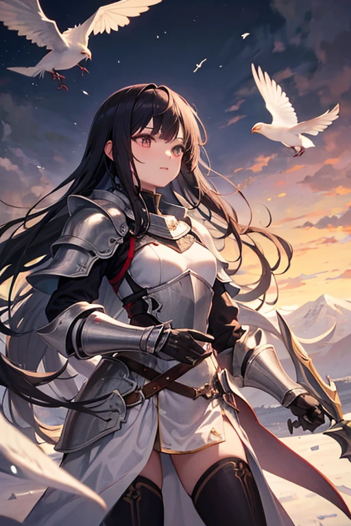 (masterpiece), best quality, expressive eyes, perfect face, A woman standing in a snowy field wearing a short wedding dress and armor, holding dual pistols in both hands, anime style