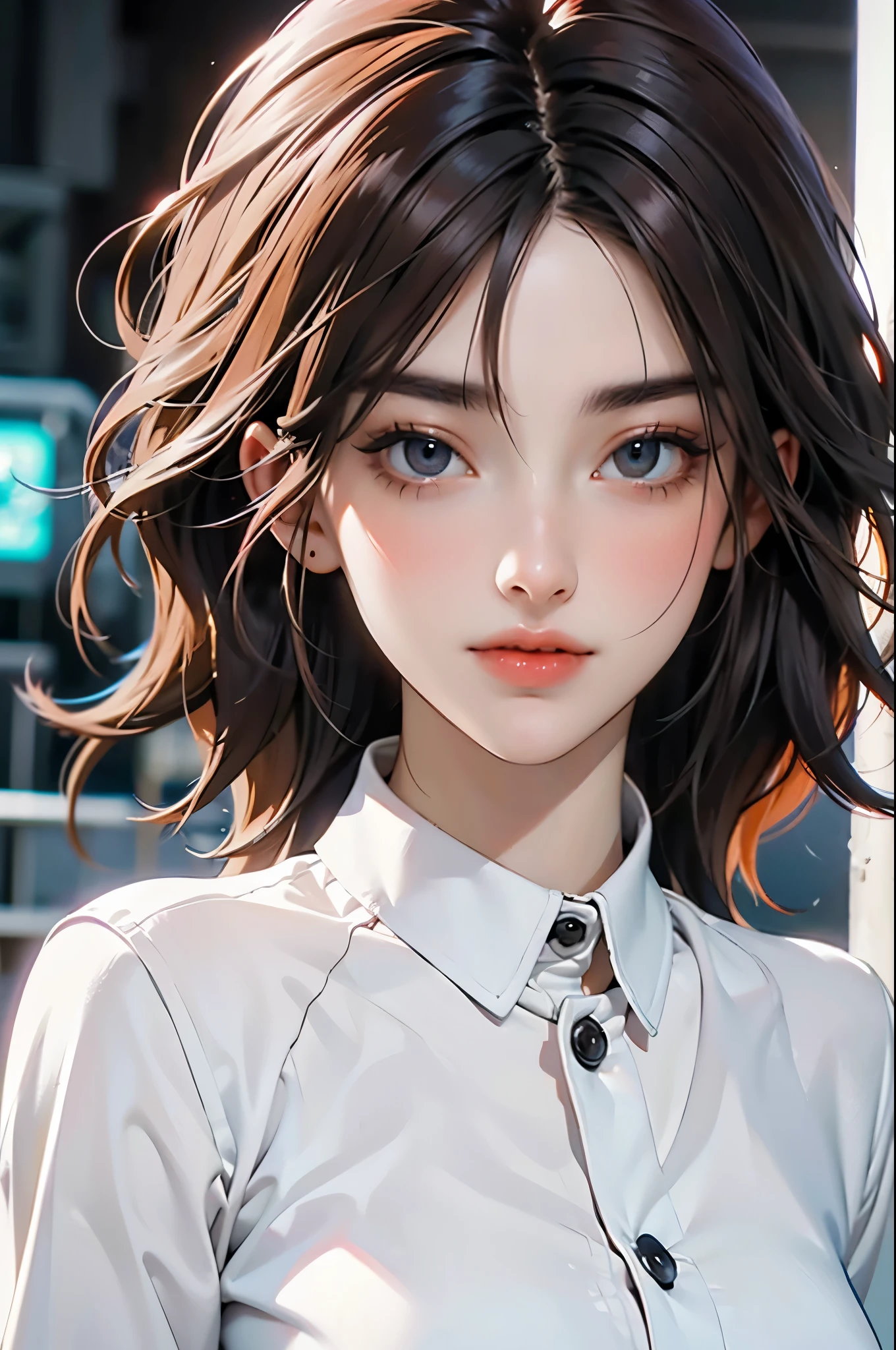 fashion portrait color photograph, Dana Scully - woman, red hair, upper body, neon lights, x-files, alien abduction