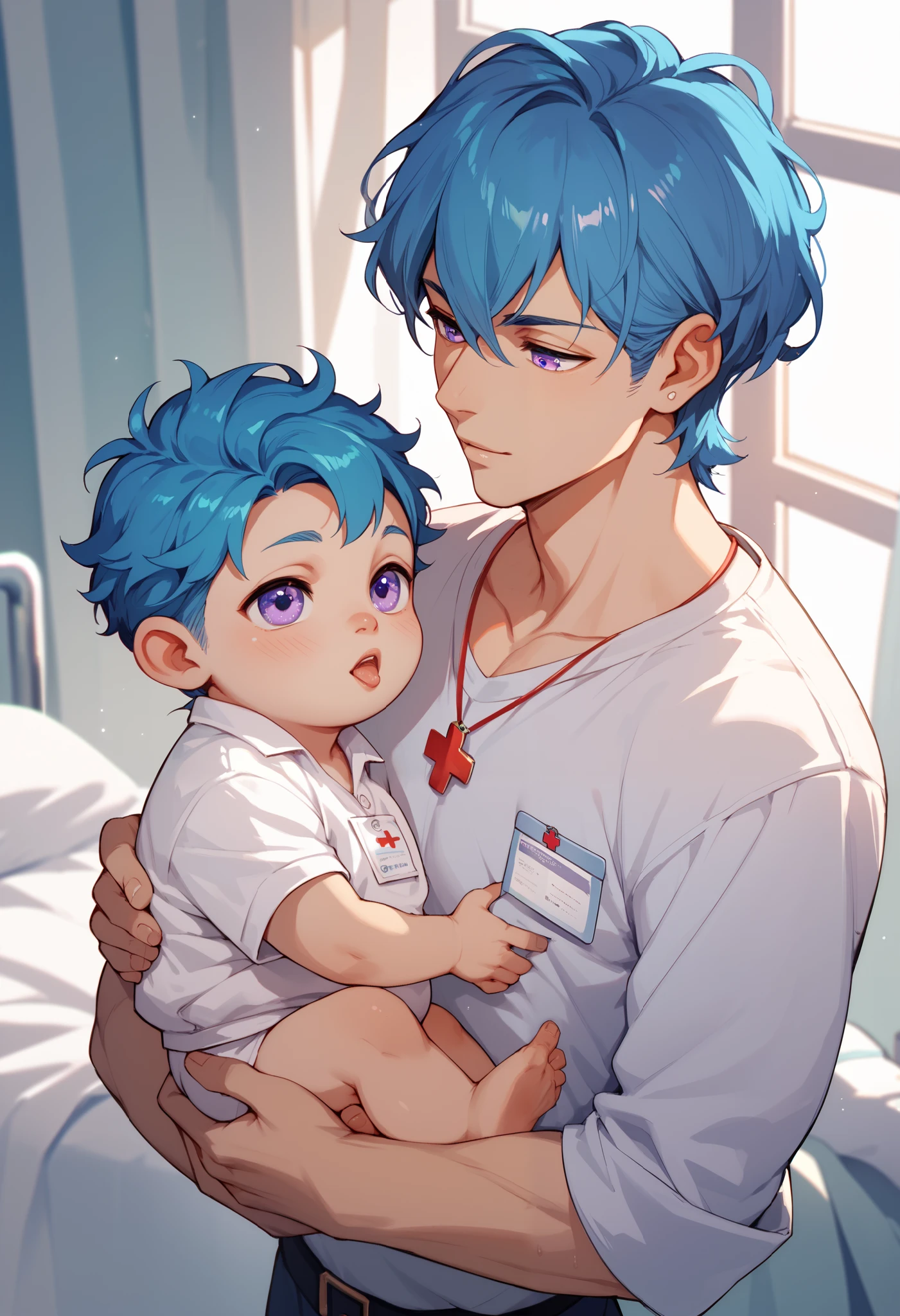 A male with blue hair, purple eyes, wearing hospital clothes carrying a (he is laying in a bed