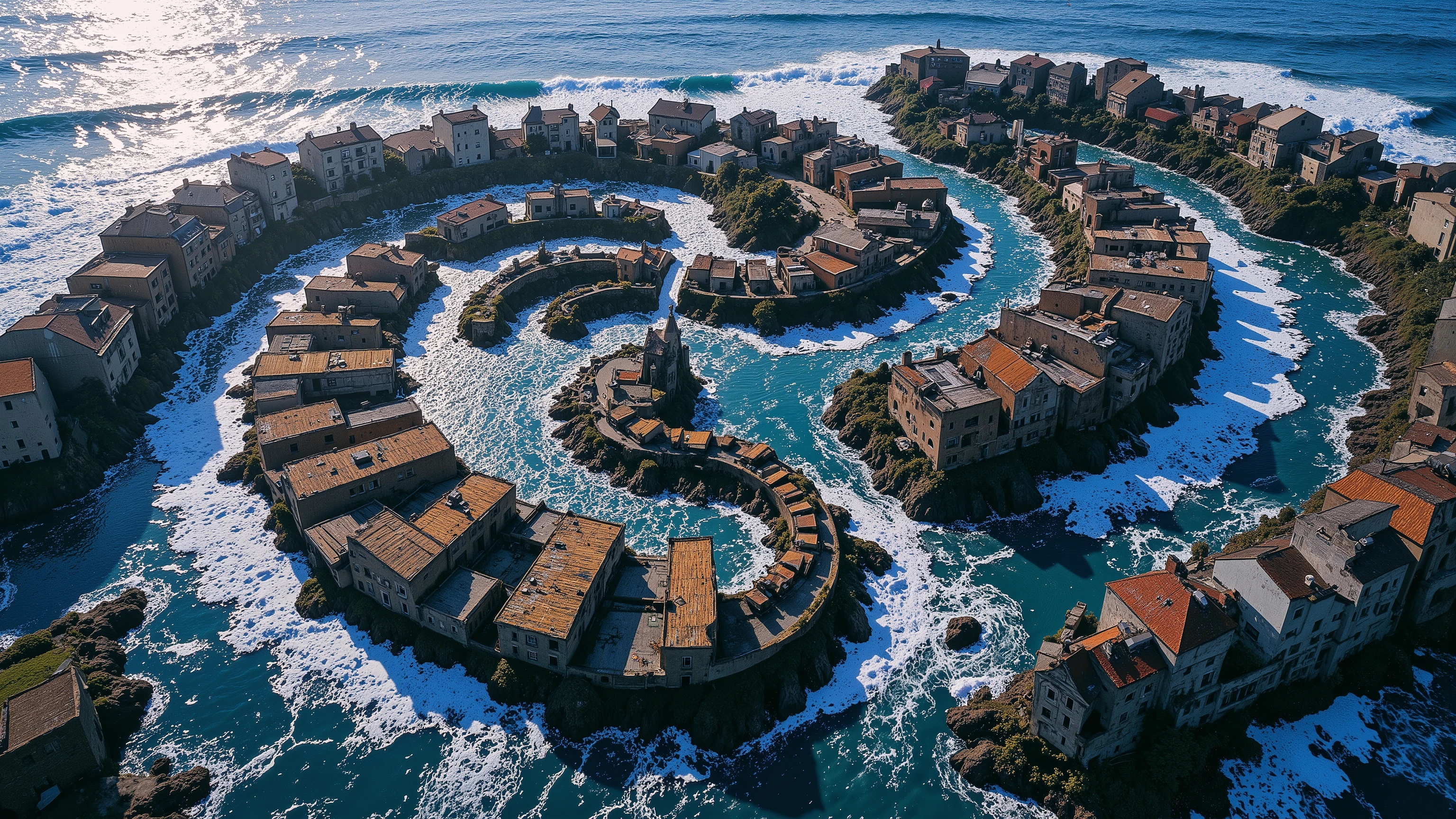 
Ultra-wide fractal seascape shot on Hasselblad X2D 100C with XCD 21mm lens at f/8, 21:9 aspect ratio


[Endless Fibonacci spirals emerging from turbulent foam] forming fractal coastline where [13 primary spirals dominate foreground] with [144+ dissolving into atmospheric perspective], each spiral path containing:


0-21 progression markers as dimensional objects: 0=Raw material (wood block/clay lump/musical staff) 1-2=Basic oppositions (parallel planks/primary colors/whole notes) 3-5=Structural foundations (triangles/chords/equations) 8=Complete unit (cabinet/octave/cube) 13=Functional complexity (armoire/symphony/engine) 21=Architectural mastery (house/opera house/skyscraper)

    Foreground Spirals: Crisp 8K detail on woodworking(13), music theory(13), mathematics(13)

    Midground: Semi-transparent astronomy(21), painting(21), engineering(21)

    Background: Abstract impression of 55+ domains as glowing spiral outlines


    Ghostly translucent domains (botany/linguistics/culinary arts) dissolving into sea foam at spiral peripheries, their 0-21 sequences frozen at stage 8-13


`Baroque chiaroscuro meets surrealist precision:

    Mastery peaks (stage 21) glow with warm golden hour light

    Early stages (0-5) use cool metallic reflections

    Sacrificed domains lit by melancholic blue moonlight`

    Recursive pattern: Each spiral contains miniature versions of all others in its structure

    Fibonacci grid: Wave crests follow 1.618 spacing, foam bubbles as golden ratio ovals

    Progression markers: Modular Brutalist tiles sized to Fibonacci sequence (1x1, 1x2, 2x3, etc)

Domain	Stage 0	Stage 5	Stage 13	Stage 21
Woodworking	Rough lumber	Dovetail joint	Heirloom cabinet	Timber-framed home
Music	Single note	Pentatonic scale	Jazz quartet arrangement	Symphonic orchestration
Mathematics	Counting pebble	Algebraic equation	Topological proof	Universe-scale simulation
