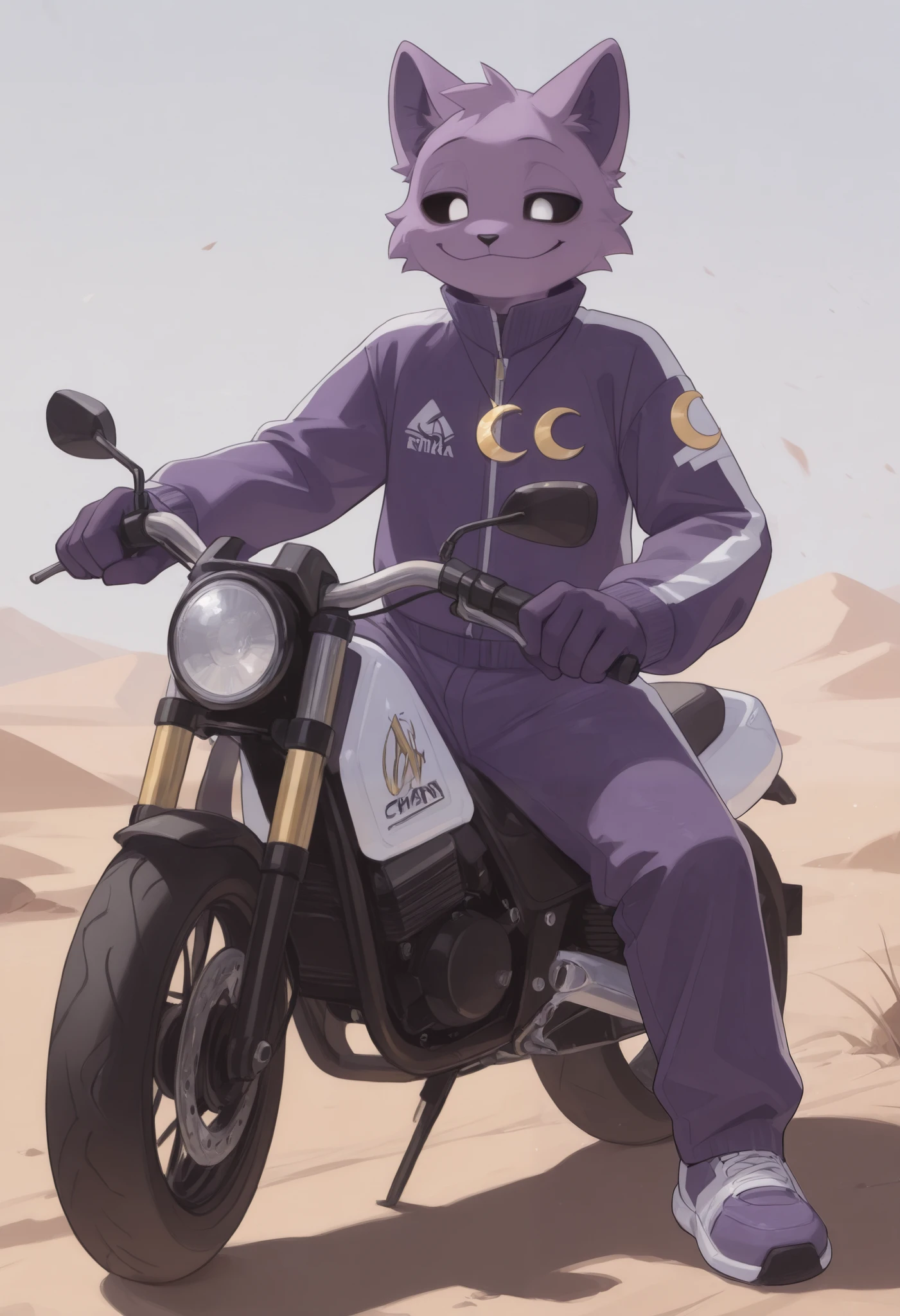 best quality, amazing quality, very aesthetic, absurdres, newest, 1boy, solo, catnap, poppy_playtime, chonky, Big boy, chonky arms, wide legs, Big body, BREAK
furry, yellow crescent necklace, smile, male focus, furry male, black sclera, white eyes, purple fur, animal ears, wearing a racing suit, mcrs, dainese, alpinestars, sitting on a motorcycle dirtbike, in a dirt road in a desert.