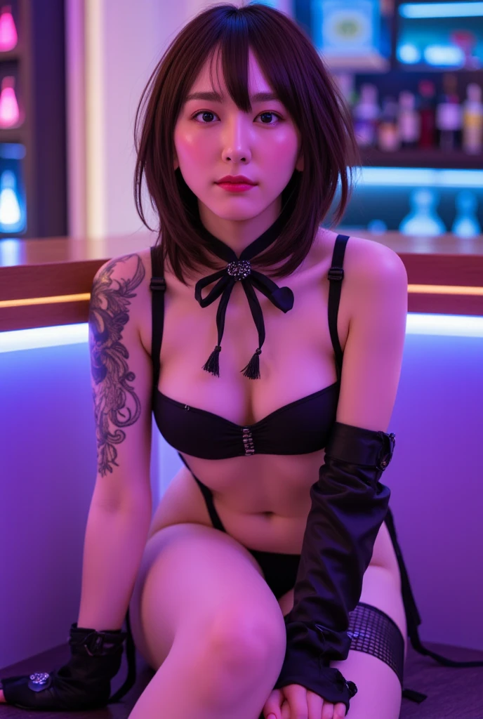 最high quality, high quality, pretty girl, alone, beautiful purple hair, Beautiful purple eyes, A light smile, (Nightclub:1.3, Night Lounge:1.3, Lounge Lady:1.5, hostess:1.5)(((He has many tattoos all over his body)), (((Tight waist))), ((Big Breasts)),(See-through),panties