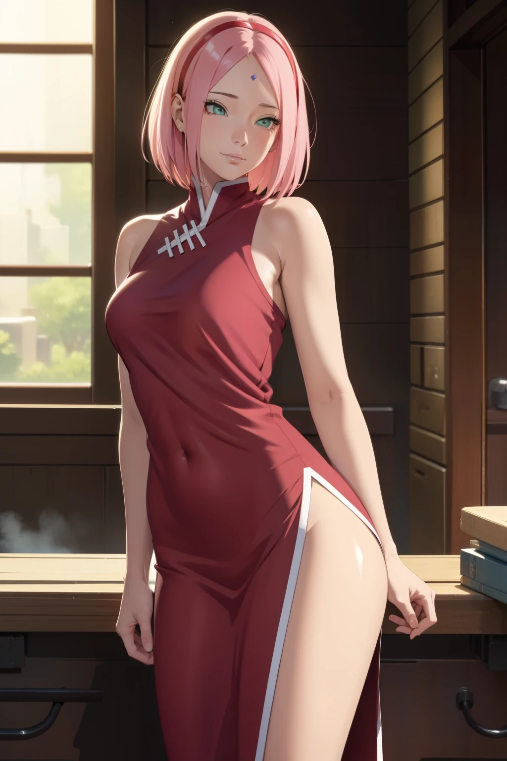 nsfw,((perfect anatomy,realistic,:1.4,RAW Photography:1.3,masterpiece、highest quality、Ultra - High resolution、High resolution、Highly detailed CG、8K)),1 female,solo,((20 year old beauty,beautiful detailed face and eyes,gorgeous eyes,pink eyes)),((pink hair,ponytail,long hair,blunt bangs,straight hair)),((medium breasts,slender body,small head:1.4,skinny)),(oily skin,gleaming skin,shiny skin,sweat:1.4),((tops:Karate's white uniform, cleavage,sleeveless、bottomless:1.5,spread vagina,damp crotch、love juice:1.5)),kneeling,spread  legs:1.5,steam:1.5,heavy breathing:1.5,Japanese-style garden、Japanese-style house、Tokyo、moonlight、