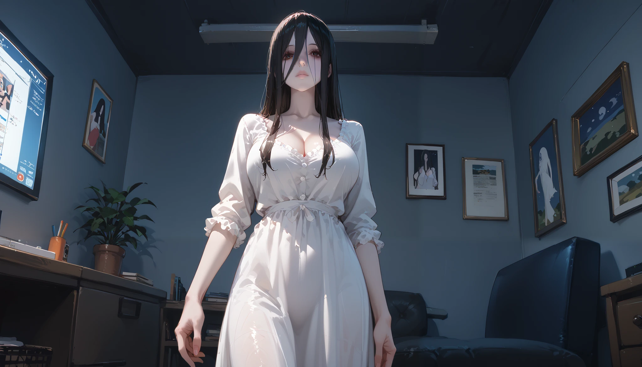 Sadako、Female ghost、 White One Piece Dress、Big Breasts、Standing still、Astonished、 expressionless、I'm staring at my lower body、 apartment bedroom、night、 dark room