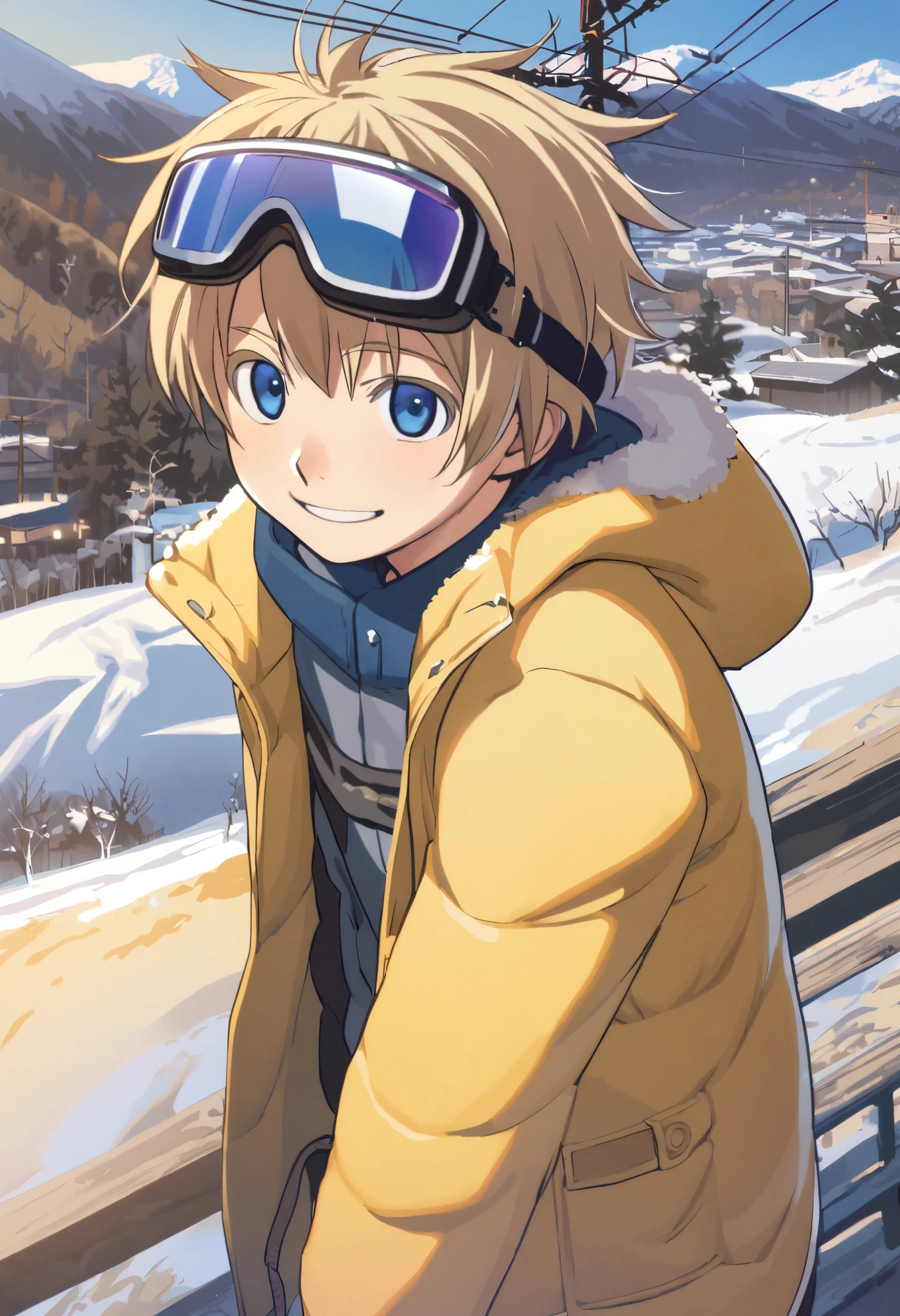 1boy, shota, short messy boyish hair, blonde hair, colored eyelashes, blonde eyelashes, blue eyes, goggles on head, winter clothes, solo focus, coat, mountain, jacket, power lines, smiling