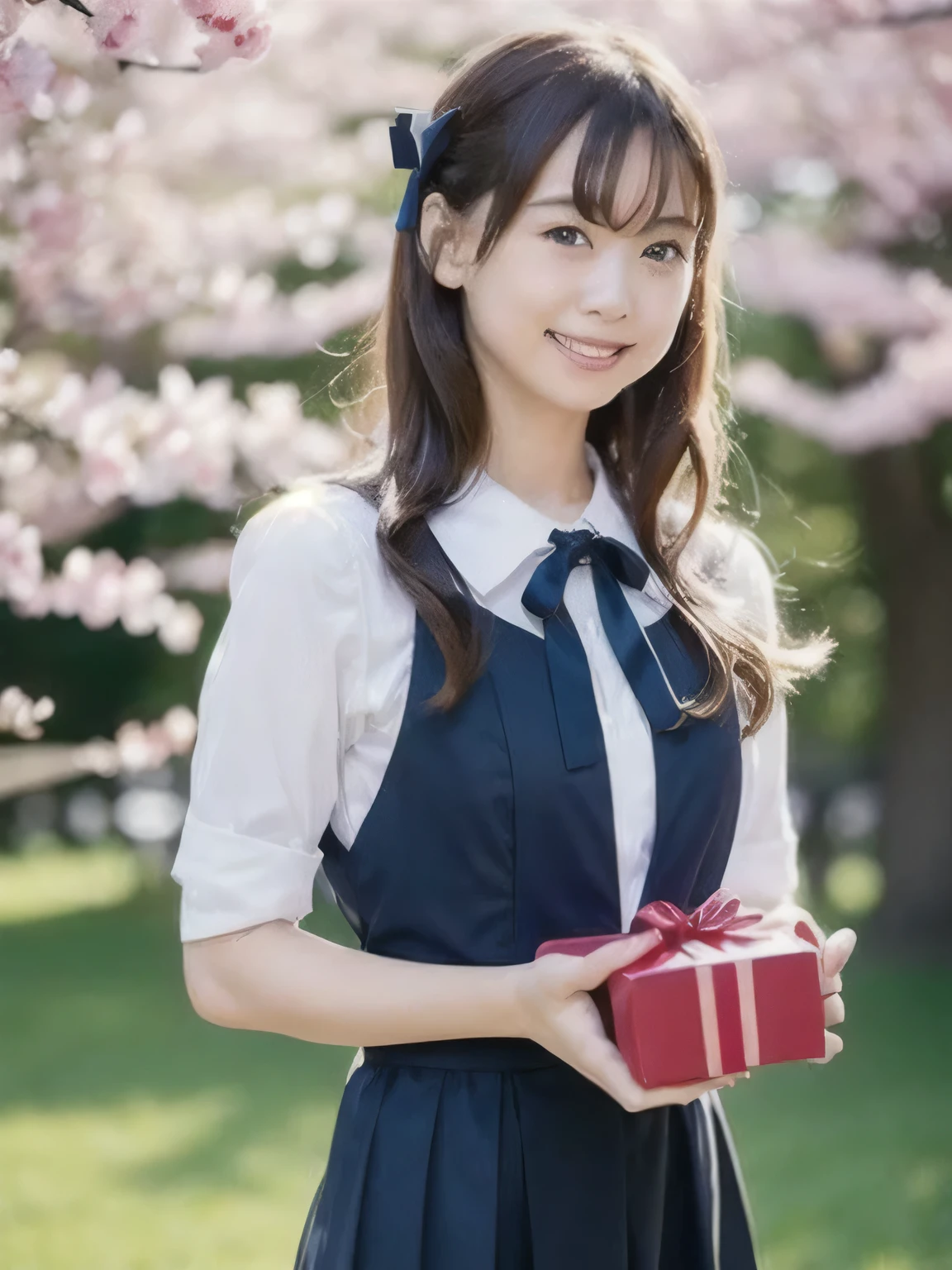 A stunningly beautiful 20-year-old woman stands in a lush green park full of cherry blossoms in full bloom under a clear blue sky. She is wearing a classic sailor uniform and holds a neatly wrapped gift box with a red ribbon in both hands in front of her chest. The box is small, wrapped in decorative paper, and tied with a bow. She looks very happy, with a radiant and joyful expression.A stunningly beautiful 20-year-old woman stands in a lush green park full of cherry blossoms in full bloom under a clear blue sky. She is wearing a classic sailor uniform and holds a neatly wrapped gift box with a red ribbon in both hands in front of her chest. The box is small, wrapped in decorative paper, and tied with a bow. She looks very happy, with a radiant and joyful expression.