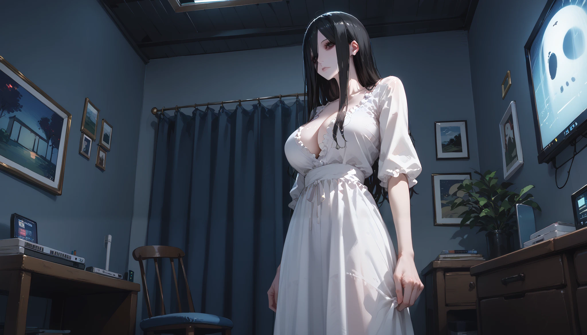 Sadako、Female ghost、 White One Piece Dress、Big Breasts、Standing still、Astonished、 expressionless、I'm staring at my lower body、 apartment bedroom、night、 dark room