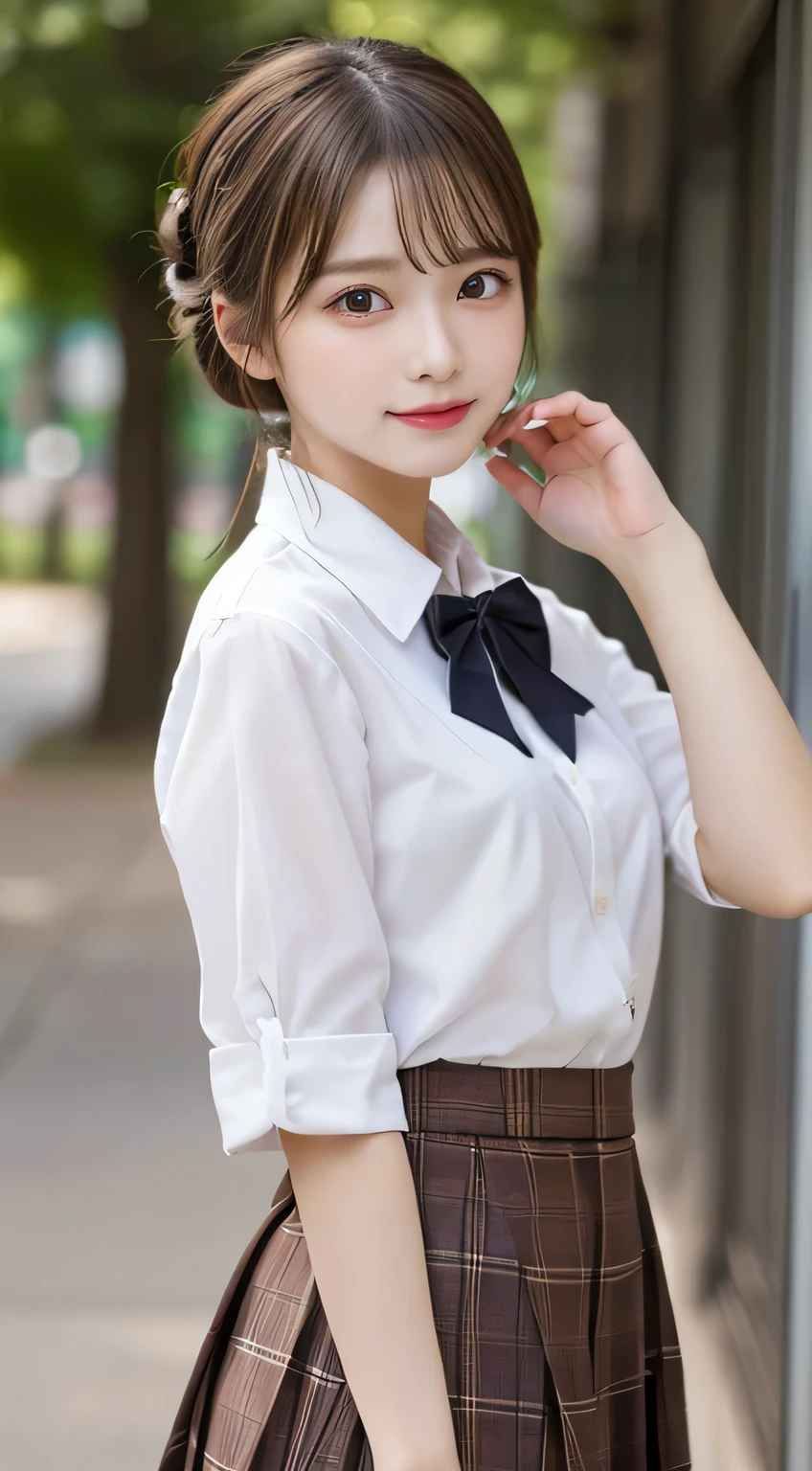 top quality, Masterpiece 、 actual photo 、The most beautiful girl in the world 、 Cute looks、 Slender 、 perfect beautiful face 、 perfect and beautiful eyes 、 perfect and beautiful double eyelids 、 Fashion Model 、 Cute looks、 light brown hair 、 high school student、uniform、 skirt、summer、classroom、(half updo:1.3)