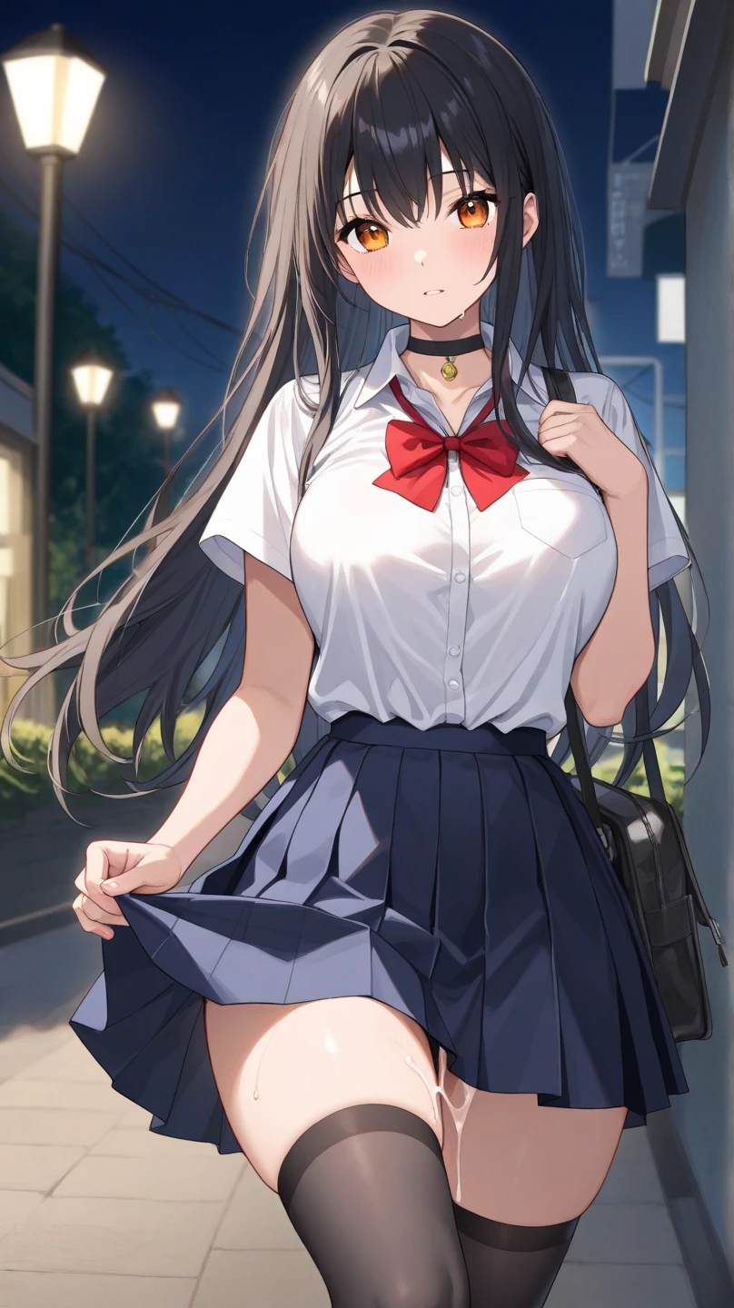 Night Park、high school girl、Mouth open in surprise、Panic look、、Large Breasts、Black long hair、hairpin、A skirt flipped up by the wind、I quickly grabbed the back of my skirt.、see-through pink panties、There's pussy juice dripping down her crotch、Bystanders near the girl、Angle from directly below、Shoot in the back、Back view、Nearby penis