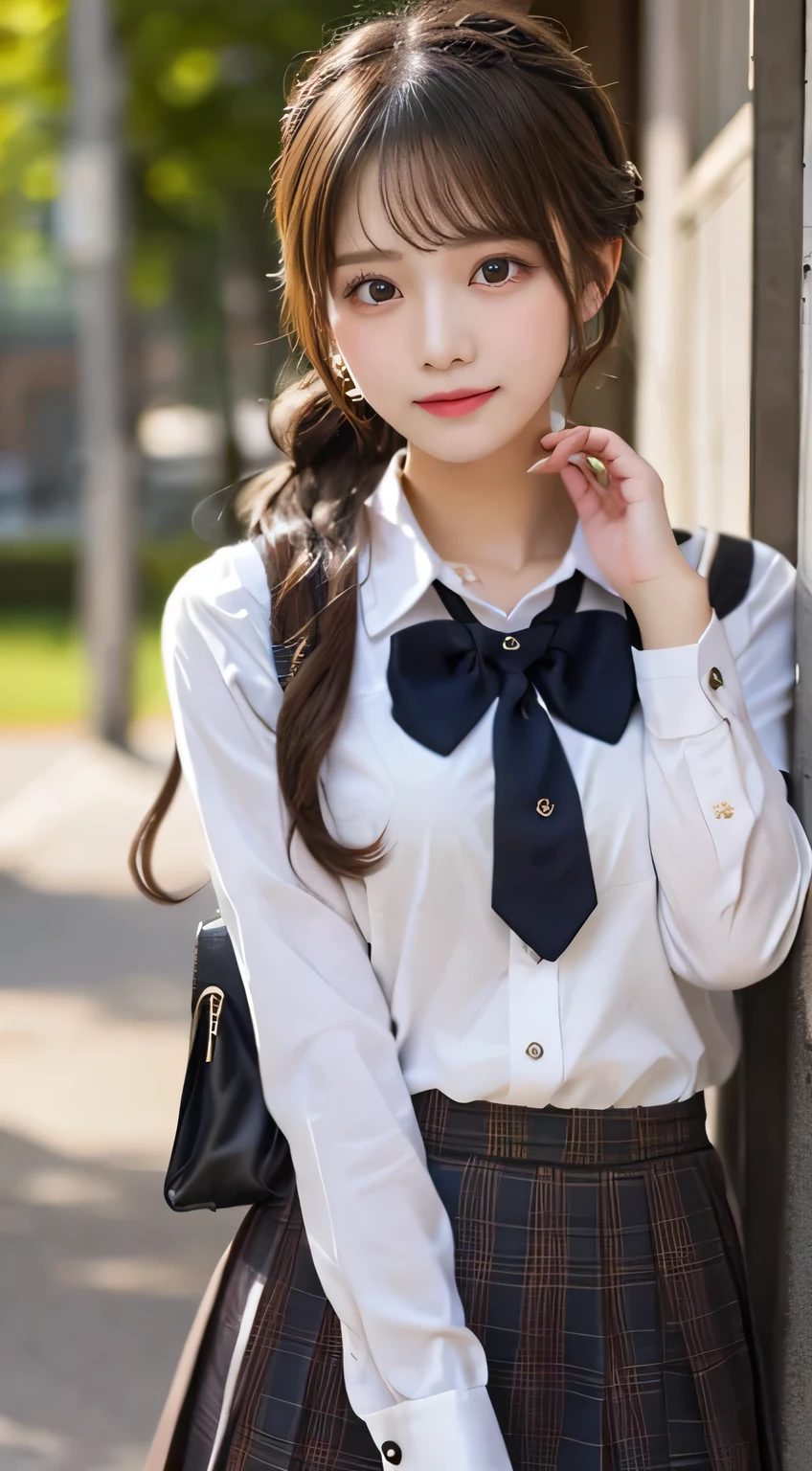 top quality, Masterpiece 、 actual photo 、The most beautiful girl in the world 、 Cute looks、 Slender 、 perfect beautiful face 、 perfect and beautiful eyes 、 perfect and beautiful double eyelids 、 Fashion Model 、 Cute looks、 light brown hair 、 high school student、uniform、 skirt、summer、classroom、(half updo:1.3)