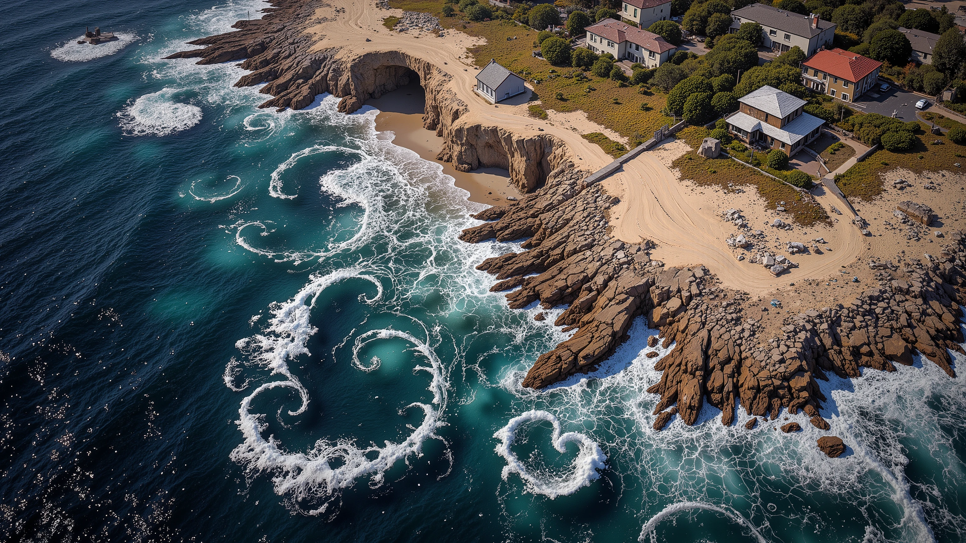 
Ultra-wide fractal seascape shot on Hasselblad X2D 100C with XCD 21mm lens at f/8, 21:9 aspect ratio


[Endless Fibonacci spirals emerging from turbulent foam] forming fractal coastline where [13 primary spirals dominate foreground] with [144+ dissolving into atmospheric perspective], each spiral path containing:


0-21 progression markers as dimensional objects: 0=Raw material (wood block/clay lump/musical staff) 1-2=Basic oppositions (parallel planks/primary colors/whole notes) 3-5=Structural foundations (triangles/chords/equations) 8=Complete unit (cabinet/octave/cube) 13=Functional complexity (armoire/symphony/engine) 21=Architectural mastery (house/opera house/skyscraper)

    Foreground Spirals: Crisp 8K detail on woodworking(13), music theory(13), mathematics(13)

    Midground: Semi-transparent astronomy(21), painting(21), engineering(21)

    Background: Abstract impression of 55+ domains as glowing spiral outlines


    Ghostly translucent domains (botany/linguistics/culinary arts) dissolving into sea foam at spiral peripheries, their 0-21 sequences frozen at stage 8-13


`Baroque chiaroscuro meets surrealist precision:

    Mastery peaks (stage 21) glow with warm golden hour light

    Early stages (0-5) use cool metallic reflections

    Sacrificed domains lit by melancholic blue moonlight`

    Recursive pattern: Each spiral contains miniature versions of all others in its structure

    Fibonacci grid: Wave crests follow 1.618 spacing, foam bubbles as golden ratio ovals

    Progression markers: Modular Brutalist tiles sized to Fibonacci sequence (1x1, 1x2, 2x3, etc)

Domain	Stage 0	Stage 5	Stage 13	Stage 21
Woodworking	Rough lumber	Dovetail joint	Heirloom cabinet	Timber-framed home
Music	Single note	Pentatonic scale	Jazz quartet arrangement	Symphonic orchestration
Mathematics	Counting pebble	Algebraic equation	Topological proof	Universe-scale simulation
