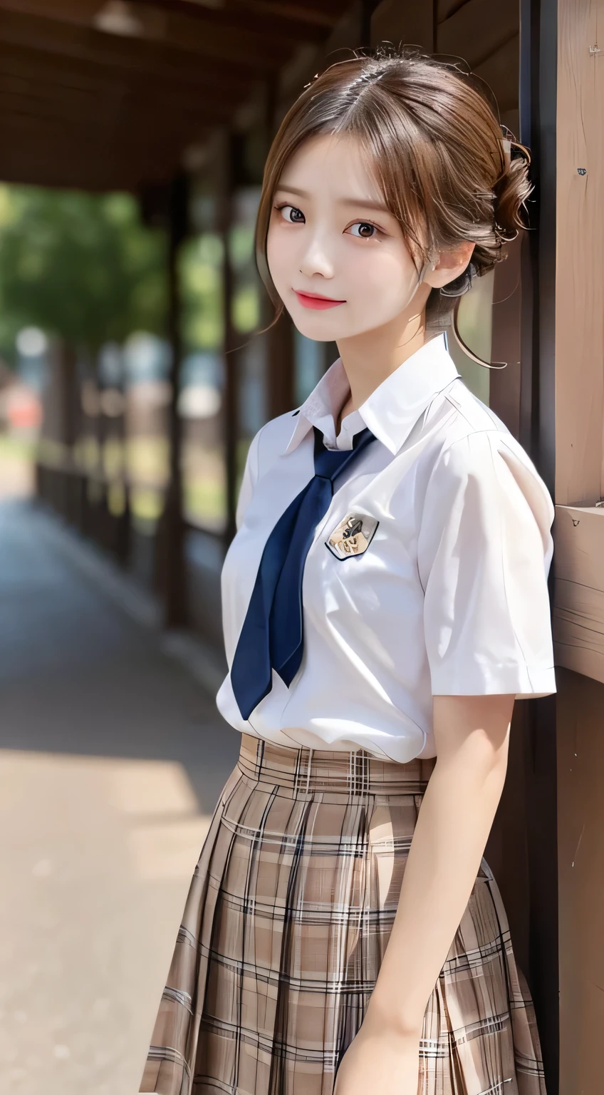 top quality, Masterpiece 、 actual photo 、The most beautiful girl in the world 、 Cute looks、 Slender 、 perfect beautiful face 、 perfect and beautiful eyes 、 perfect and beautiful double eyelids 、 Fashion Model 、 Cute looks、 light brown hair 、 high school student、uniform、 skirt、summer、classroom、(half updo:1.3)