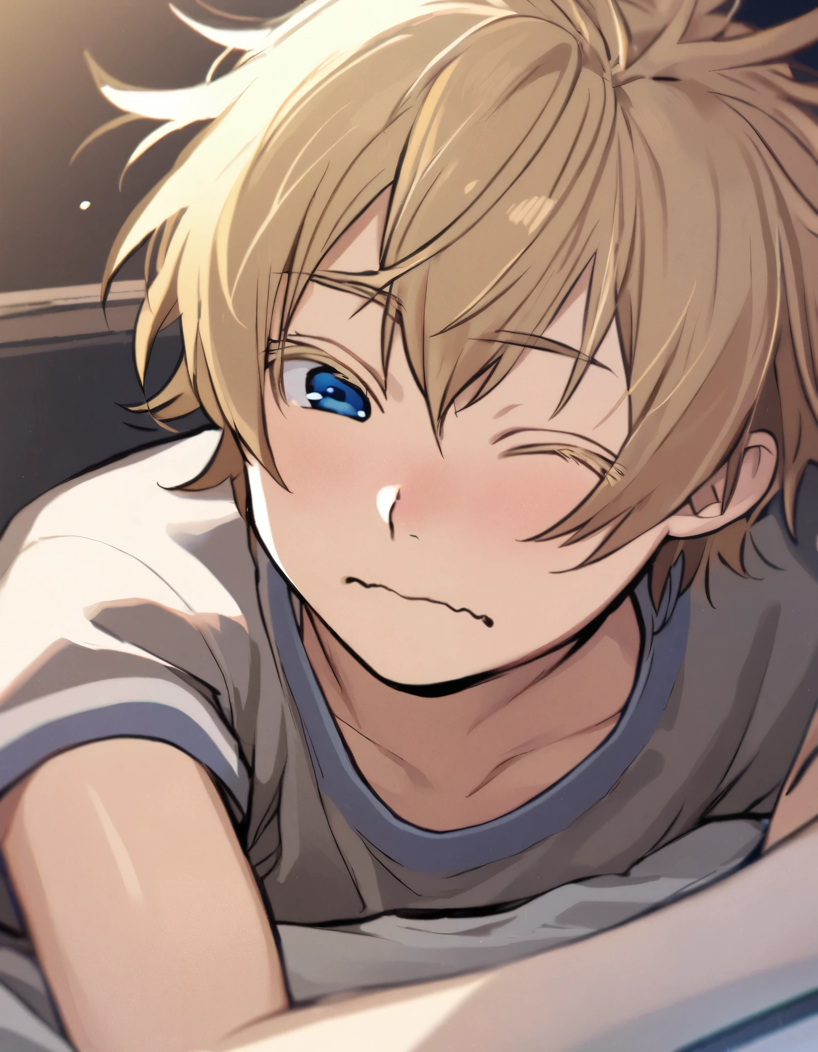 1boy, shota, short messy boyish hair, blonde hair, colored eyelashes, blonde eyelashes, blue eyes, one eye closed, sleepy, wavy mouth, messy hair