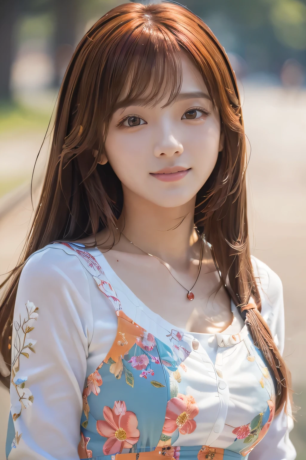 Araffe asian woman with long brown hair wearing a floral dress - SeaArt AI